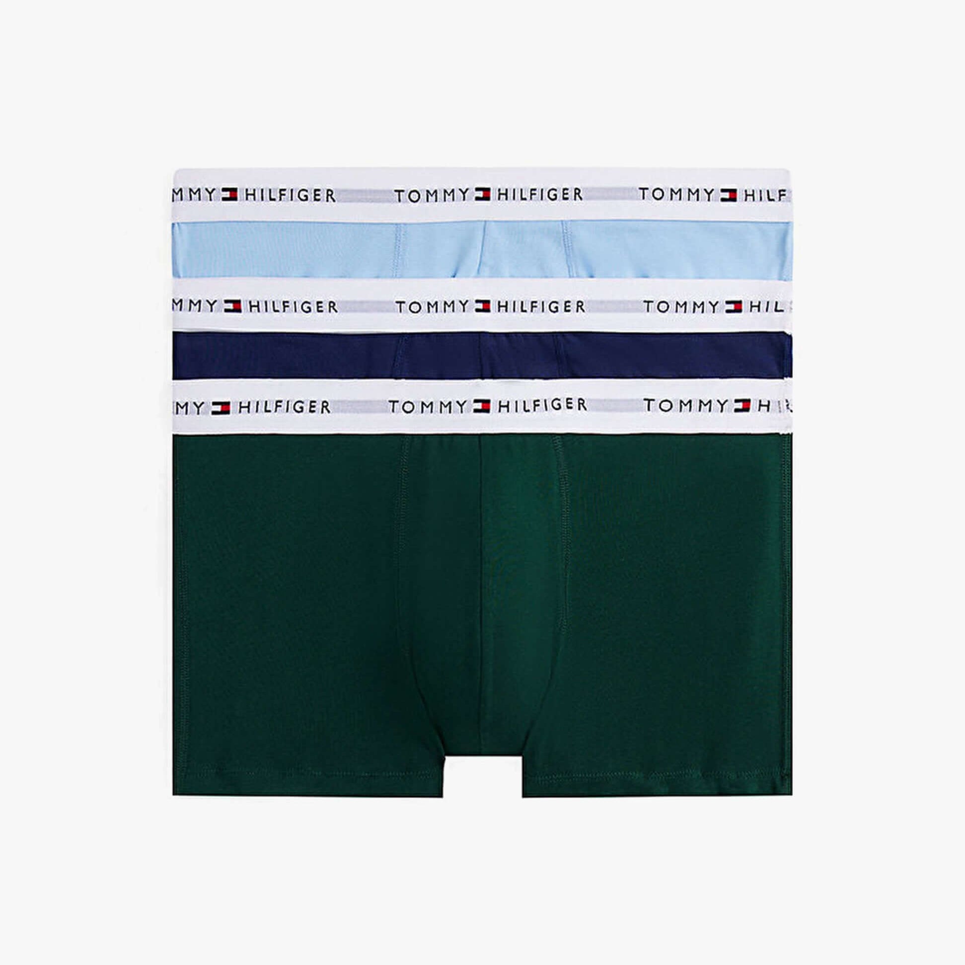 Tommy Hilfiger Mens 3 Pack Logo Waistband Trunks Multi front view showcasing green, light blue, and dark blue trunks.