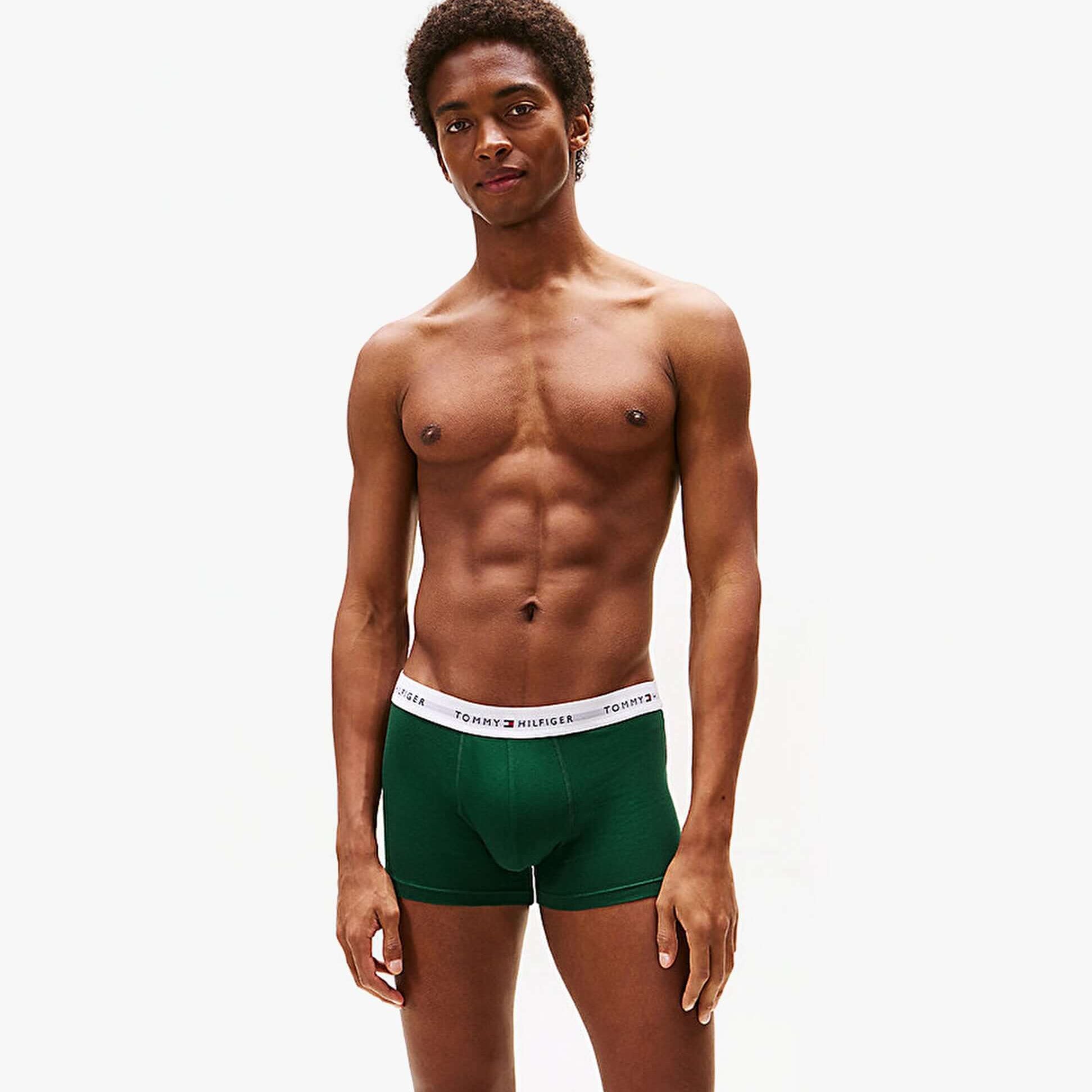 Tommy Hilfiger Mens 3 Pack Logo Waistband Trunks Multi worn by model, front view, showcasing green trunk with logo waistband.