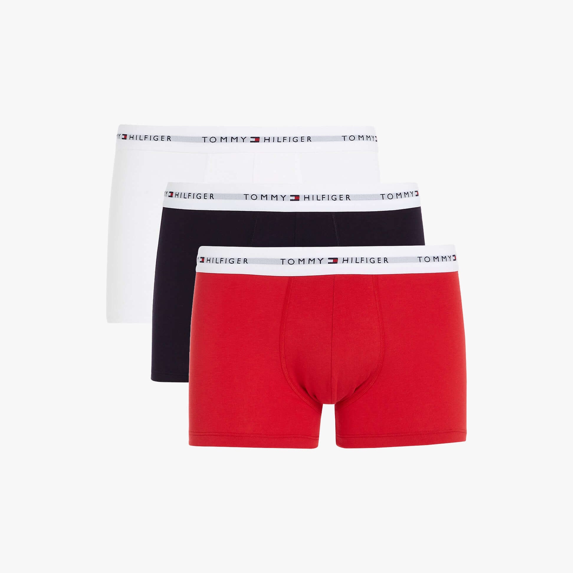 Tommy Hilfiger 3 Pack Trunk Mens Trunks Desert Sky/White/Primary Red front view showing three boxer briefs in black, white, and red.