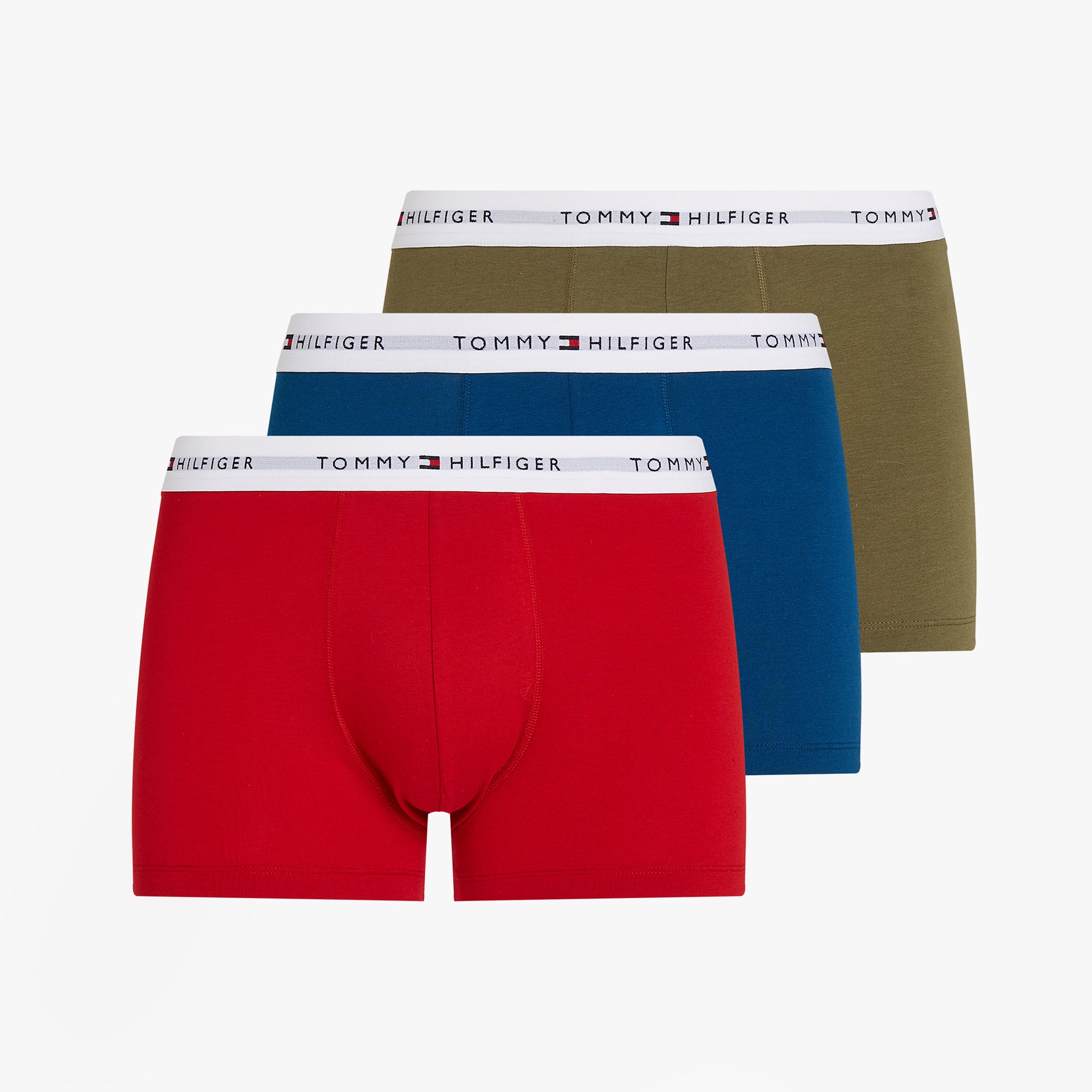 Tommy Hilfiger 3 Pack Mens Logo Waistband Trunks Multicoloured front view showing red, blue, and green trunks.