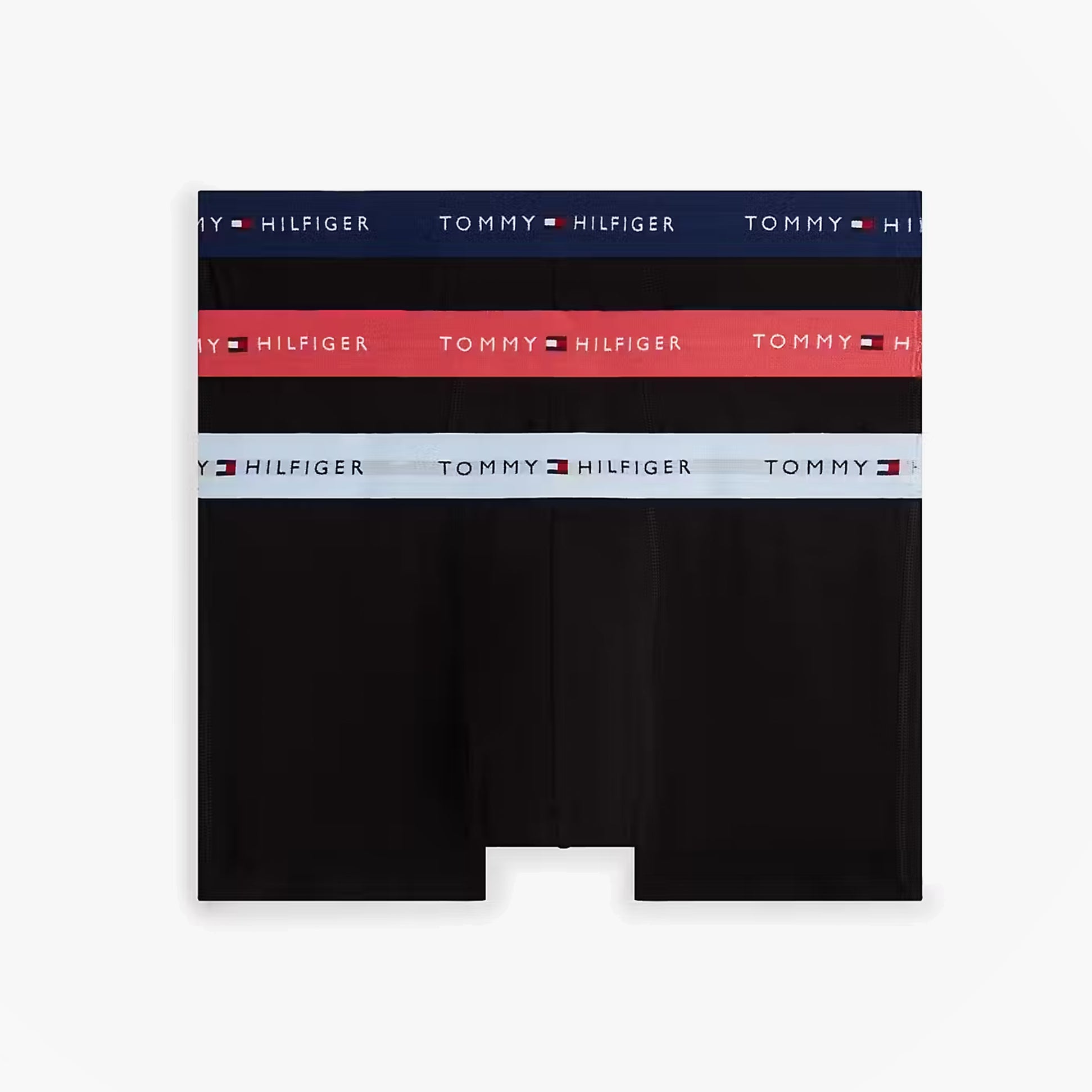 Tommy Hilfiger Mens 3 Pack Signature Repeat Logo Waistband Trunks black displayed from a top view with waistband colors.