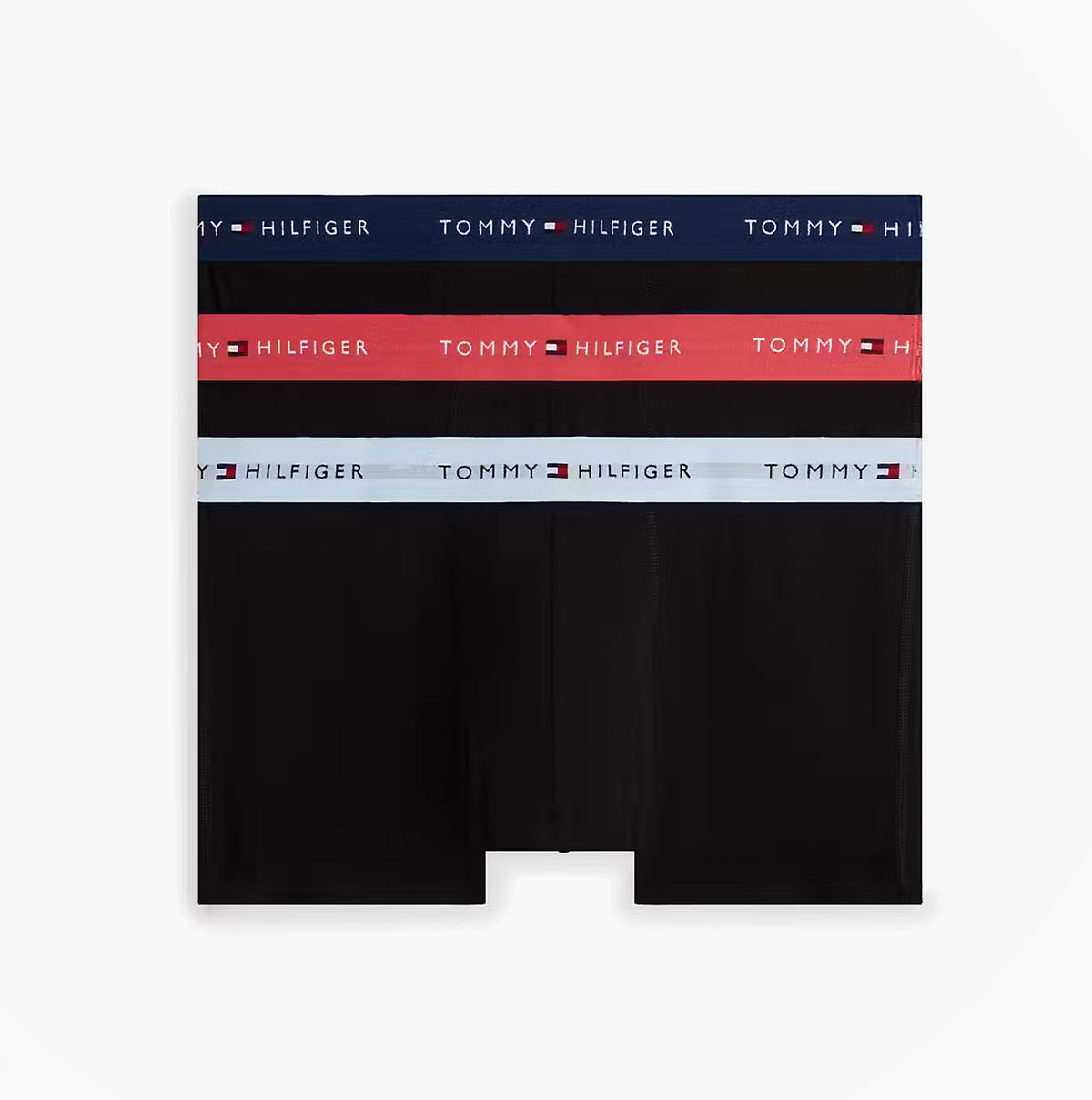 Tommy Hilfiger Mens 3 Pack Signature Repeat Logo Waistband Trunks black displayed from a top view with waistband colors.