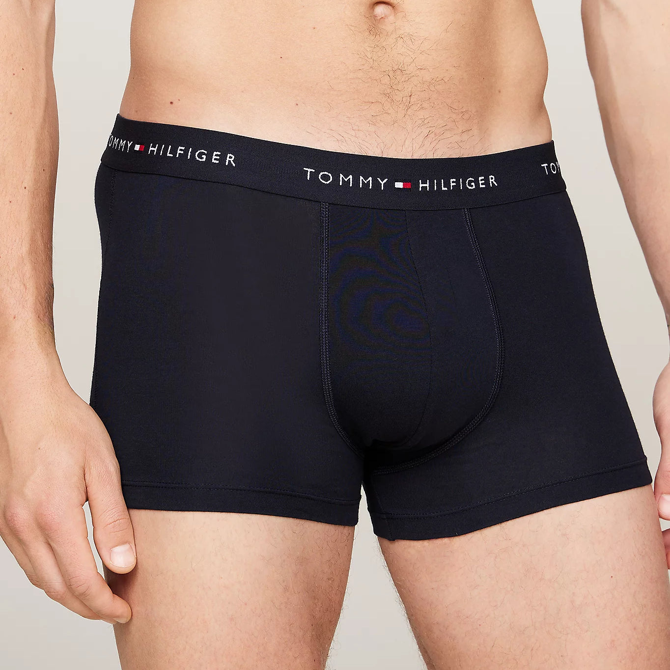 Tommy Hilfiger SIGNATURE COTTON Mens 3 Pack Trunks Navy side view showing waistband and fit, elasticated waistband with TH repeat logo.