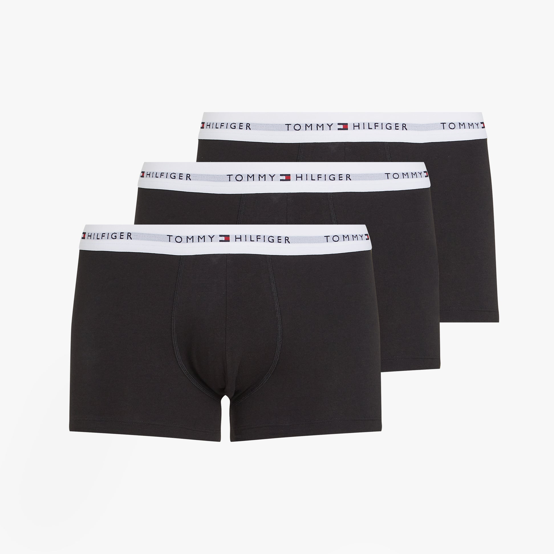 Tommy Hilfiger 3 Pack Mens Colour-Blocked Logo Trunks Black front view showing trunks with logo waistband.