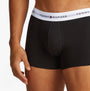 Tommy Hilfiger 3 Pack Mens Colour-Blocked Logo Trunks Black side view featuring elasticated waistband and body fit.