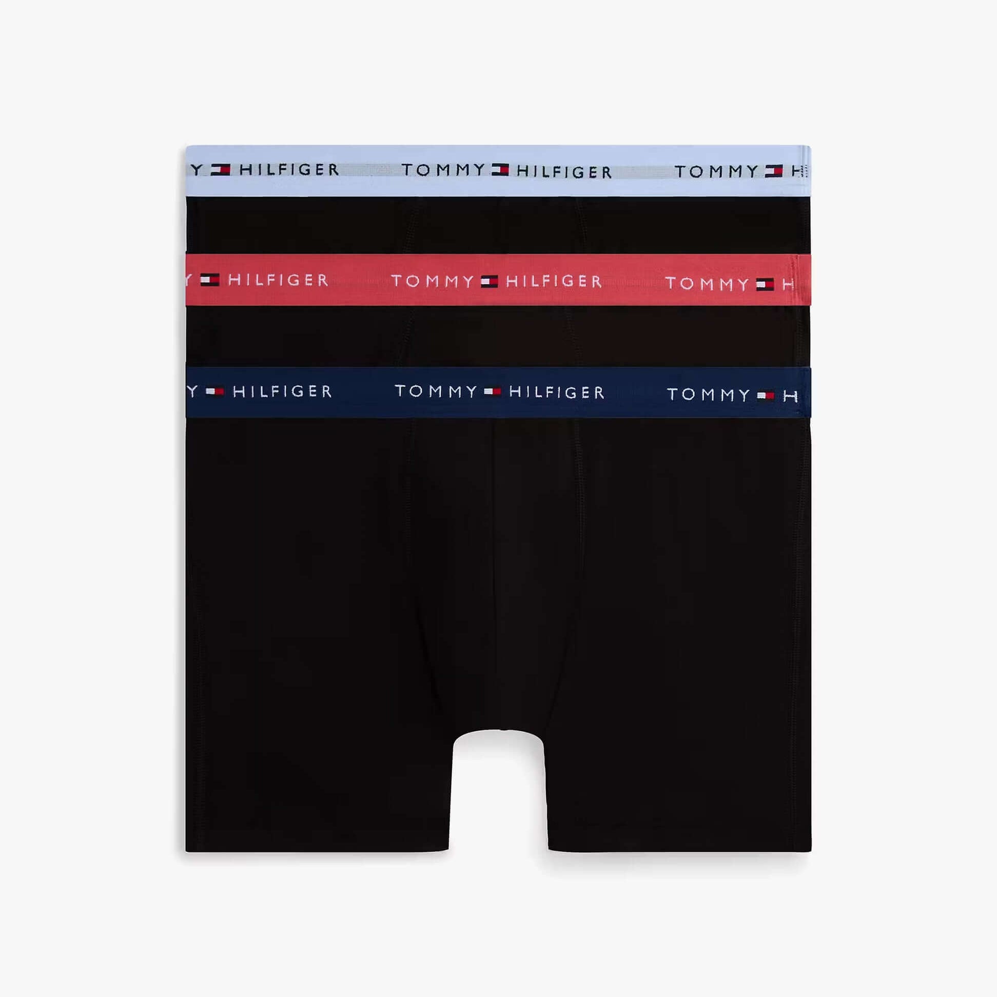 Tommy Hilfiger Mens 3 Pack Signature Logo Waistband Boxer Briefs Black front view showing three pairs with various waistband colors.