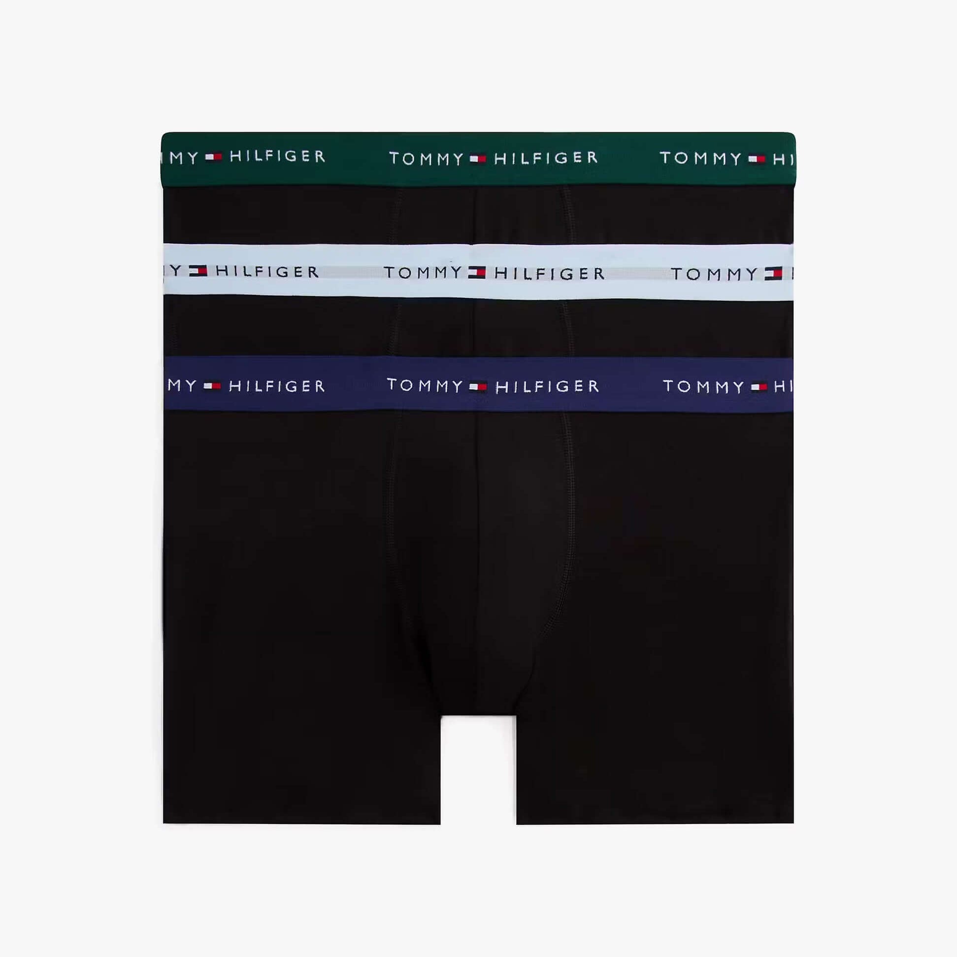 Tommy Hilfiger BOXER BRIEF 3 Pack Mens Cotton Stretch Black front view featuring three pairs with branded waistbands.