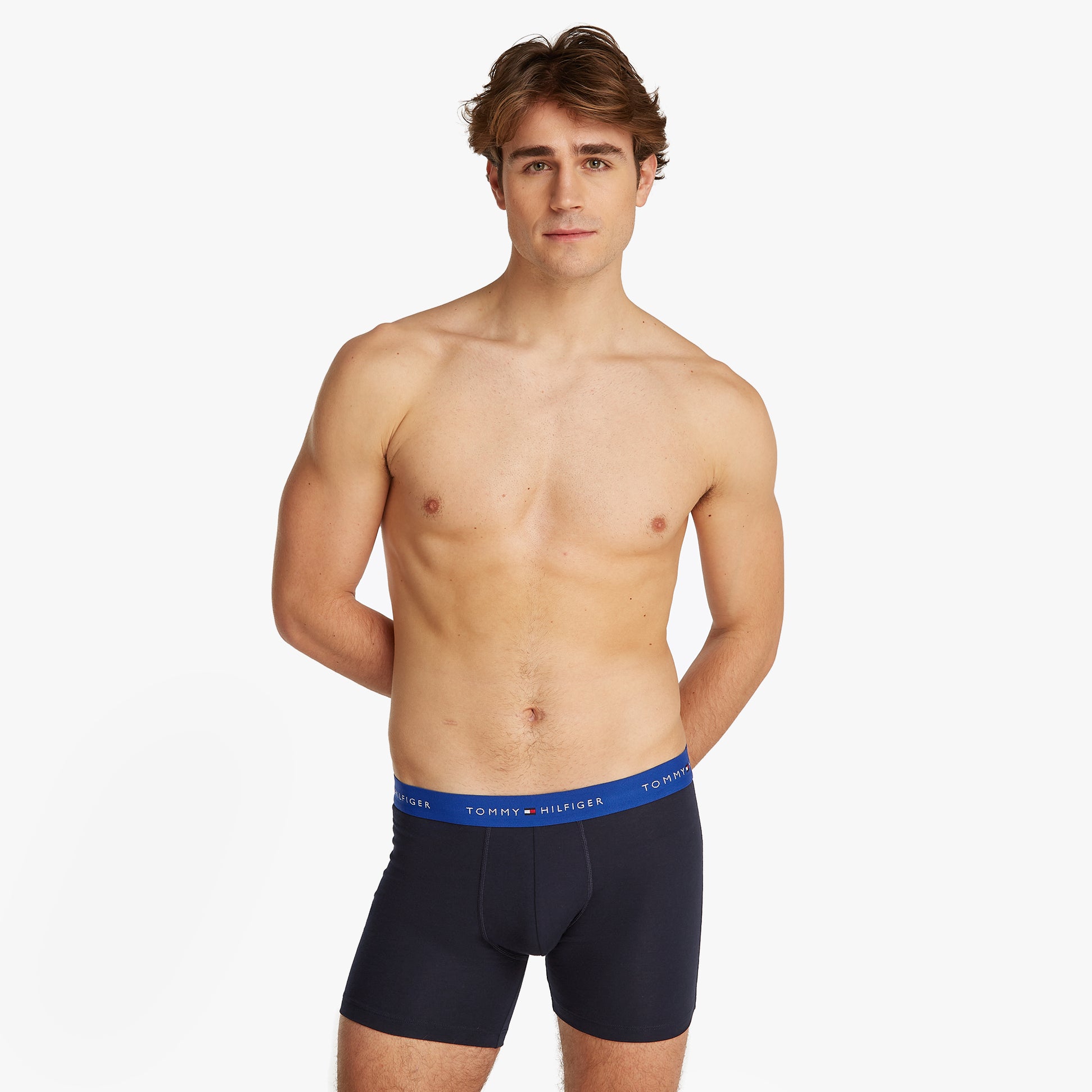 Tommy Hilfiger LOGO 3 Pack Mens Boxer Briefs Multicoloured front view on model, showcasing the elasticated waistband.