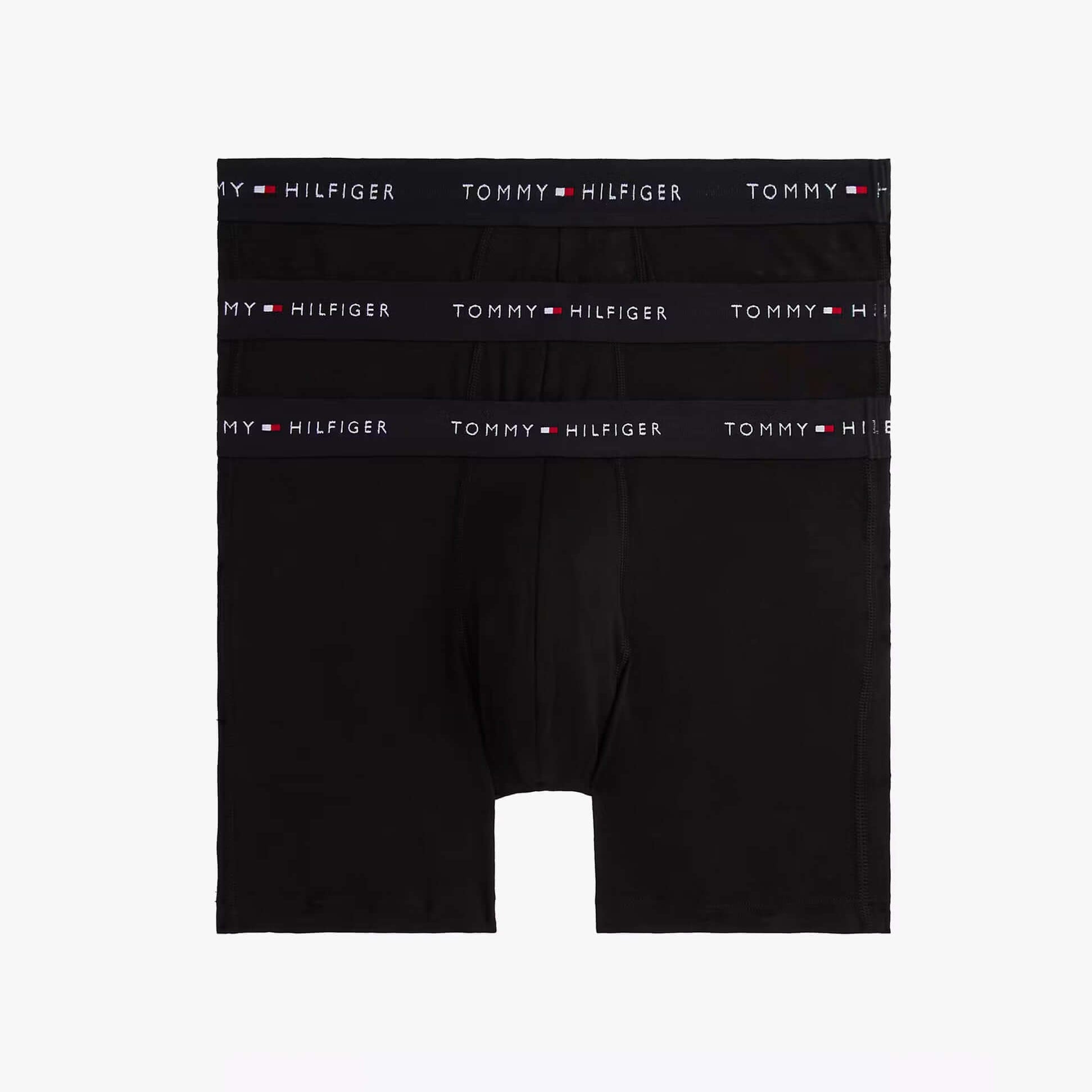 Tommy Hilfiger 3 Pack Mens BOXER BRIEF Black front view showing three boxer briefs with logo waistbands.