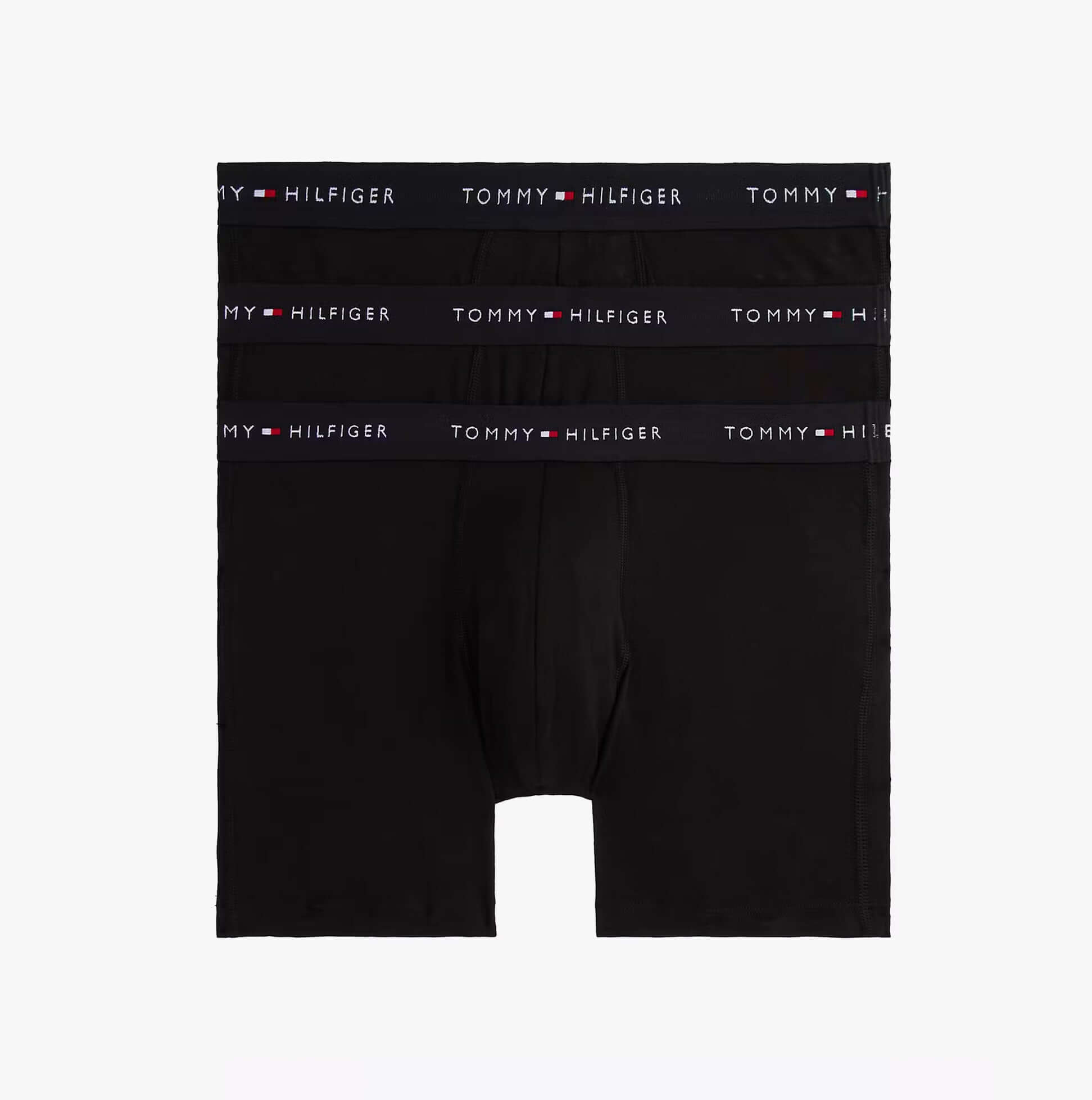 Tommy Hilfiger 3 Pack Mens BOXER BRIEF Black front view showing three boxer briefs with logo waistbands.