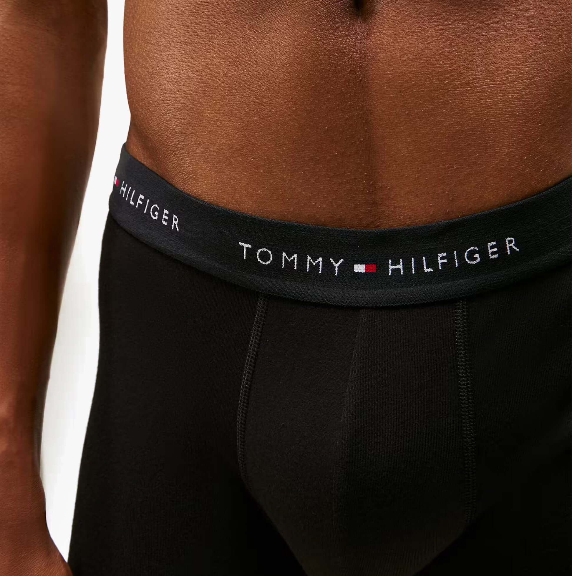 Tommy Hilfiger 3 Pack Mens BOXER BRIEF Black close-up view highlighting waistband logo.