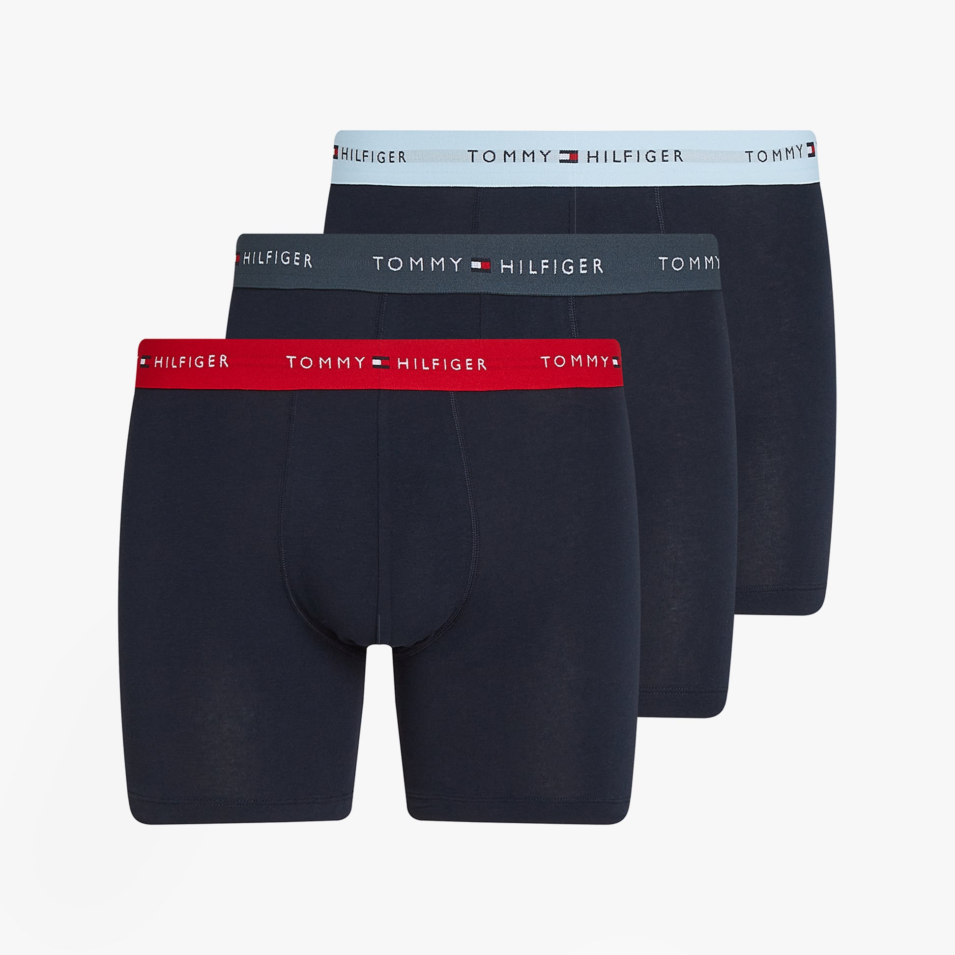 Tommy Hilfiger LOGO 3 Pack Mens Boxer Briefs Multicoloured front view showcasing three colors and logo elasticated waistbands.