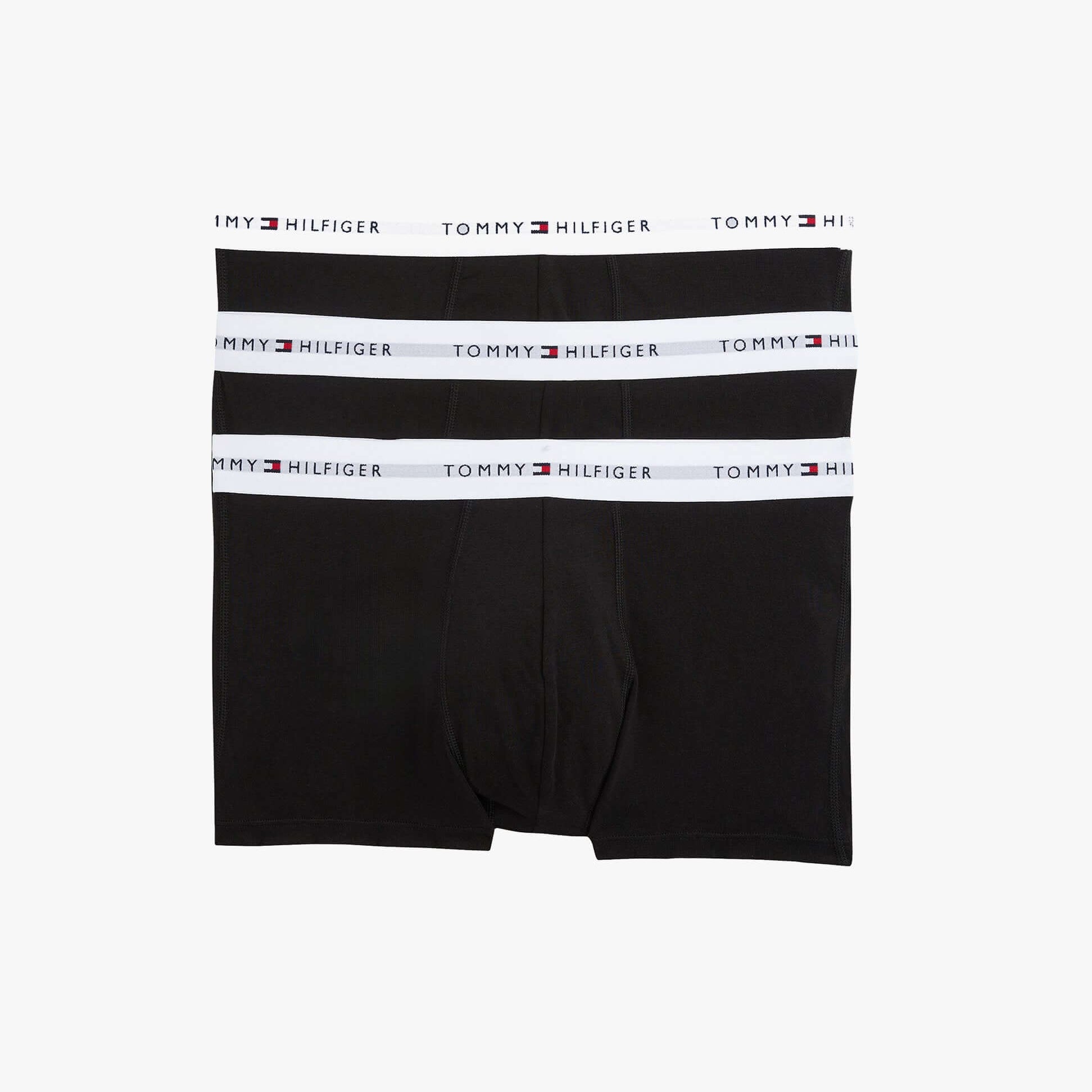 Tommy Hilfiger Mens 3 Pack Trunks Black front view, showing three black trunks with logo waistband.