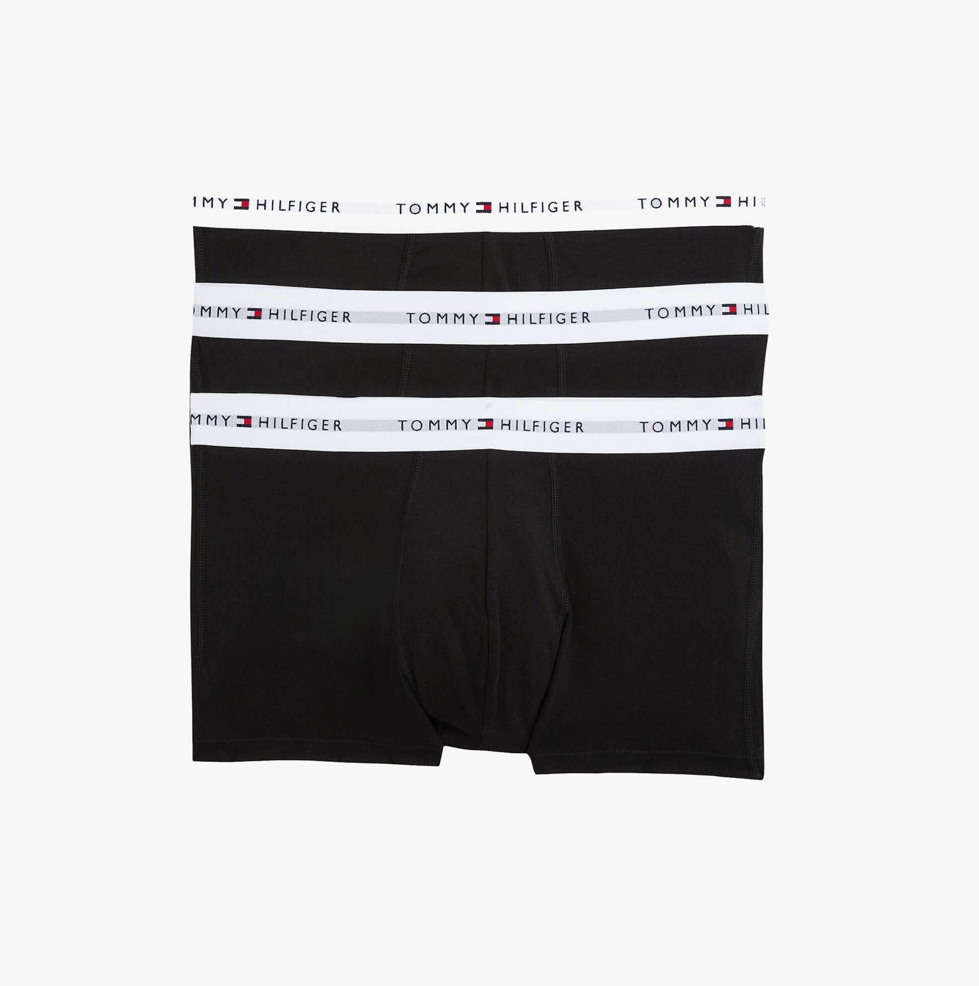 Tommy Hilfiger Mens 3 Pack Trunks Black front view, showing three black trunks with logo waistband.