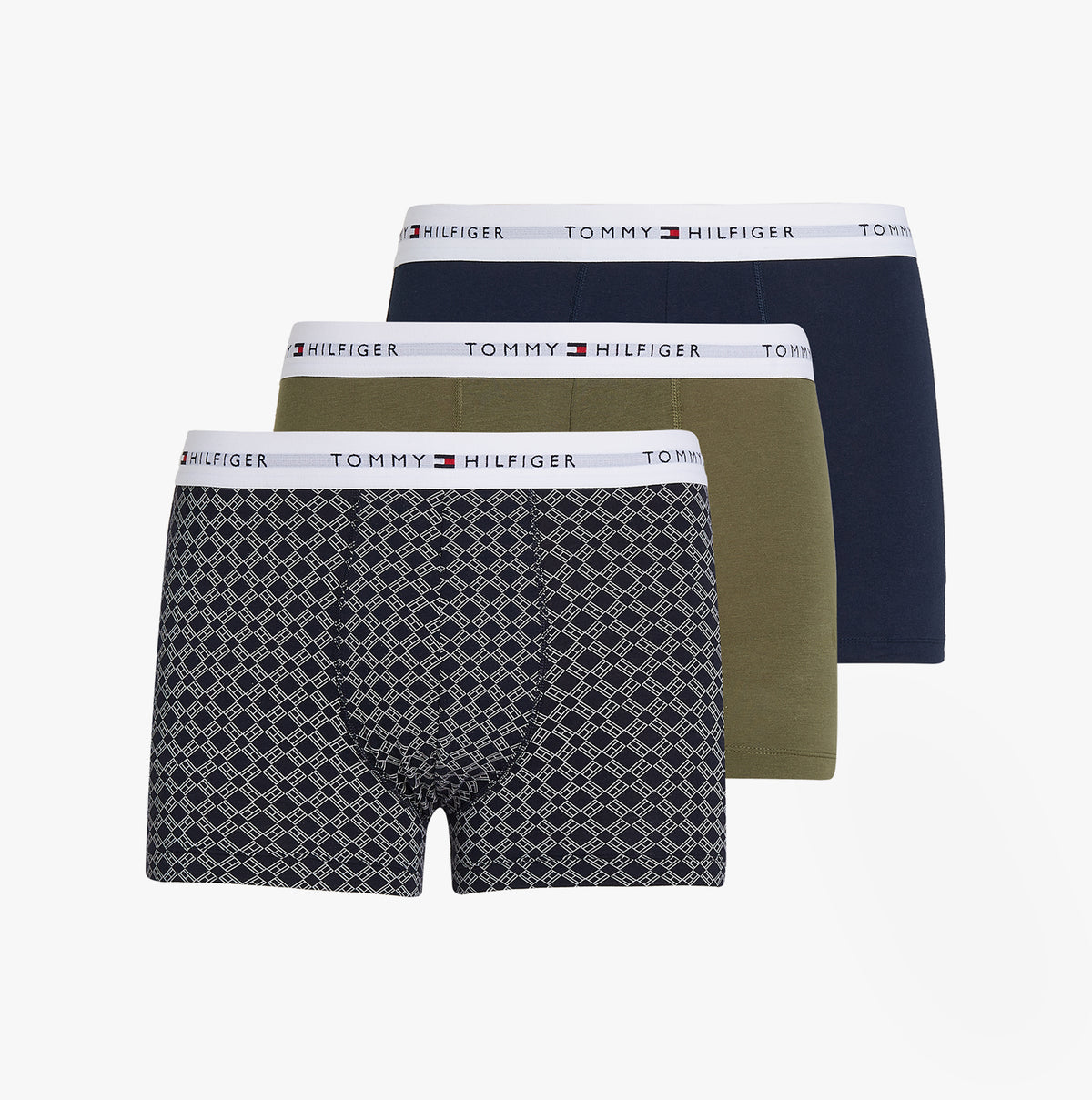 Tommy Hilfiger 3 Pack Mens Trunks Multicoloured, front view displaying patterned and solid trunks with elastic waistband.