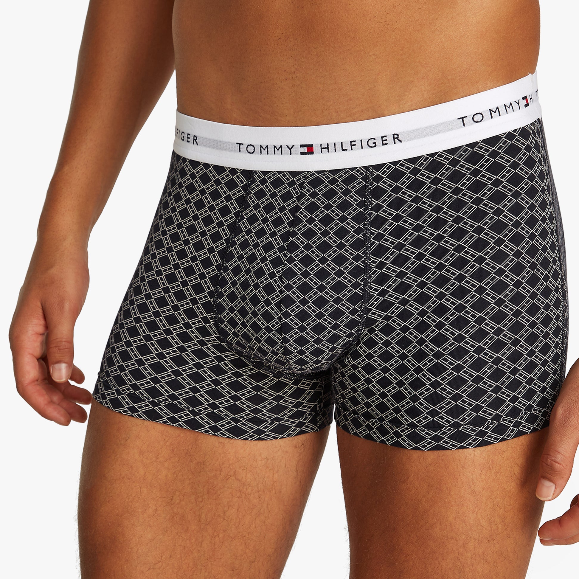Tommy Hilfiger 3 Pack Mens Trunks Multicoloured side view showing patterned design and elasticated waistband.