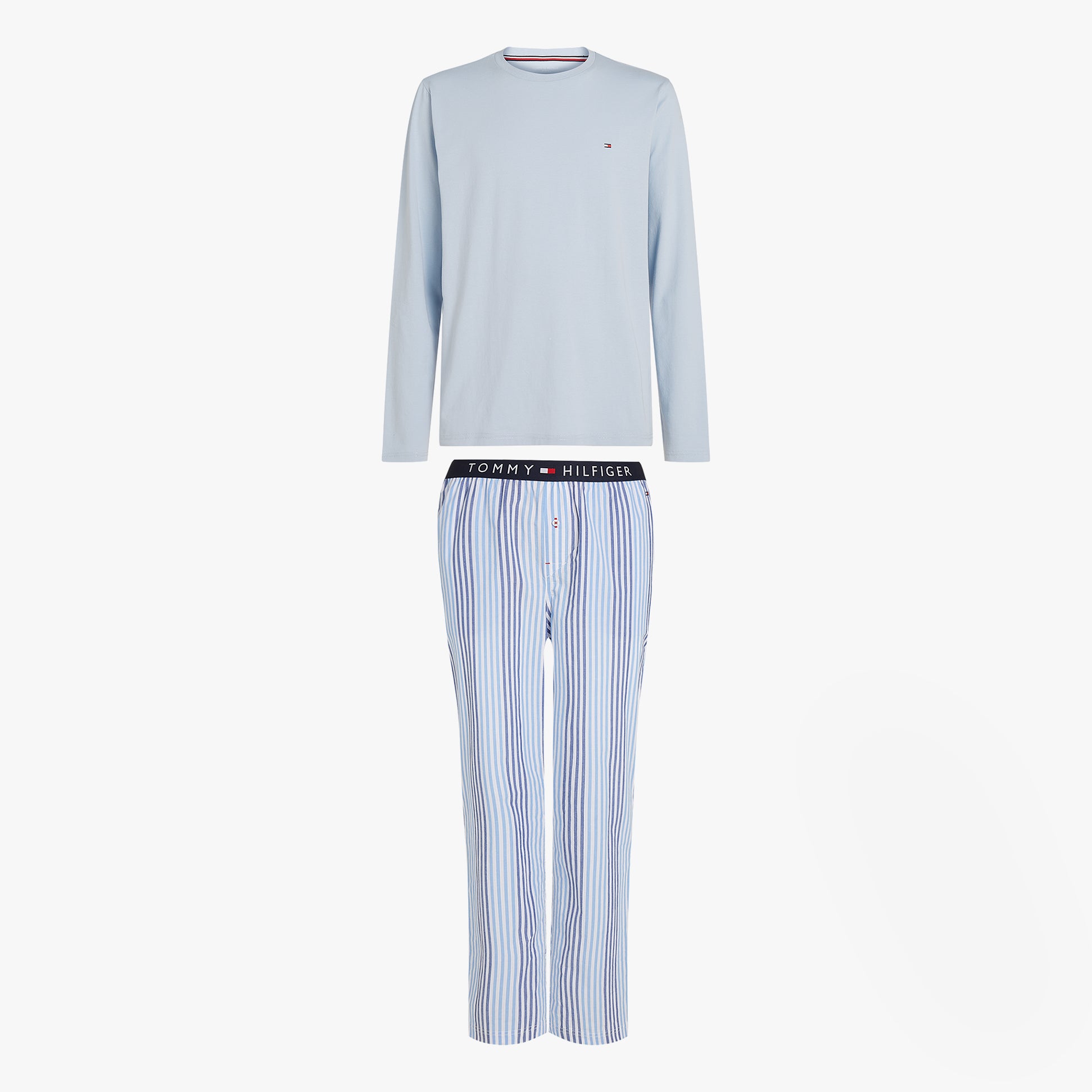 Tommy Hilfiger TH ORIGINAL Mens Long Sleeve Pyjama Set Breezy Blue / Twill Stripes front view, showcasing crew neck shirt and striped bottoms.