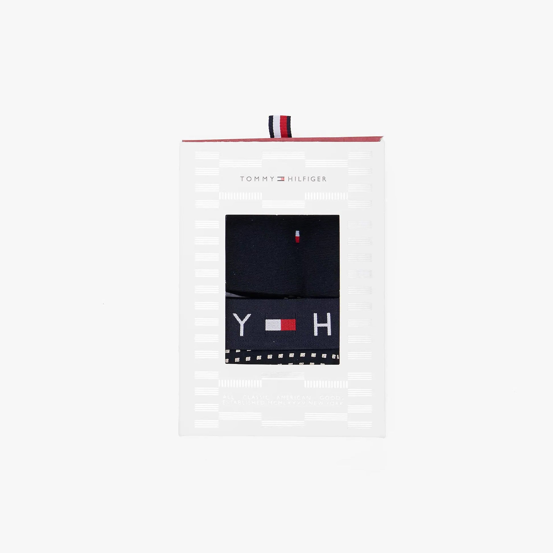 Tommy Hilfiger ORIGINAL Mens Trunk & Sock Gift Set Navy, front view displayed inside gift box.