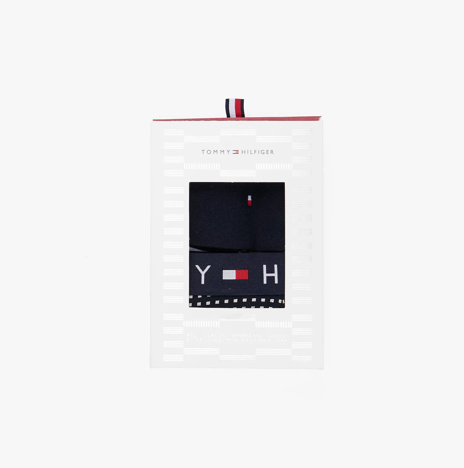 Tommy Hilfiger ORIGINAL Mens Trunk & Sock Gift Set Navy, front view displayed inside gift box.