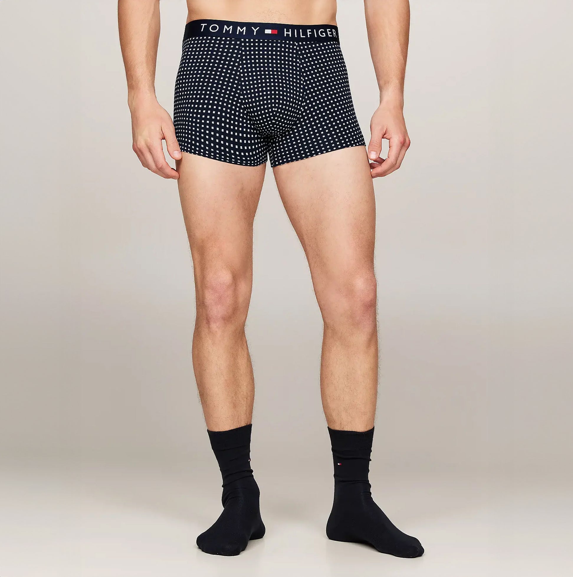 Tommy Hilfiger ORIGINAL Mens Trunk & Sock Gift Set Navy front view featuring printed trunks and matching black socks.