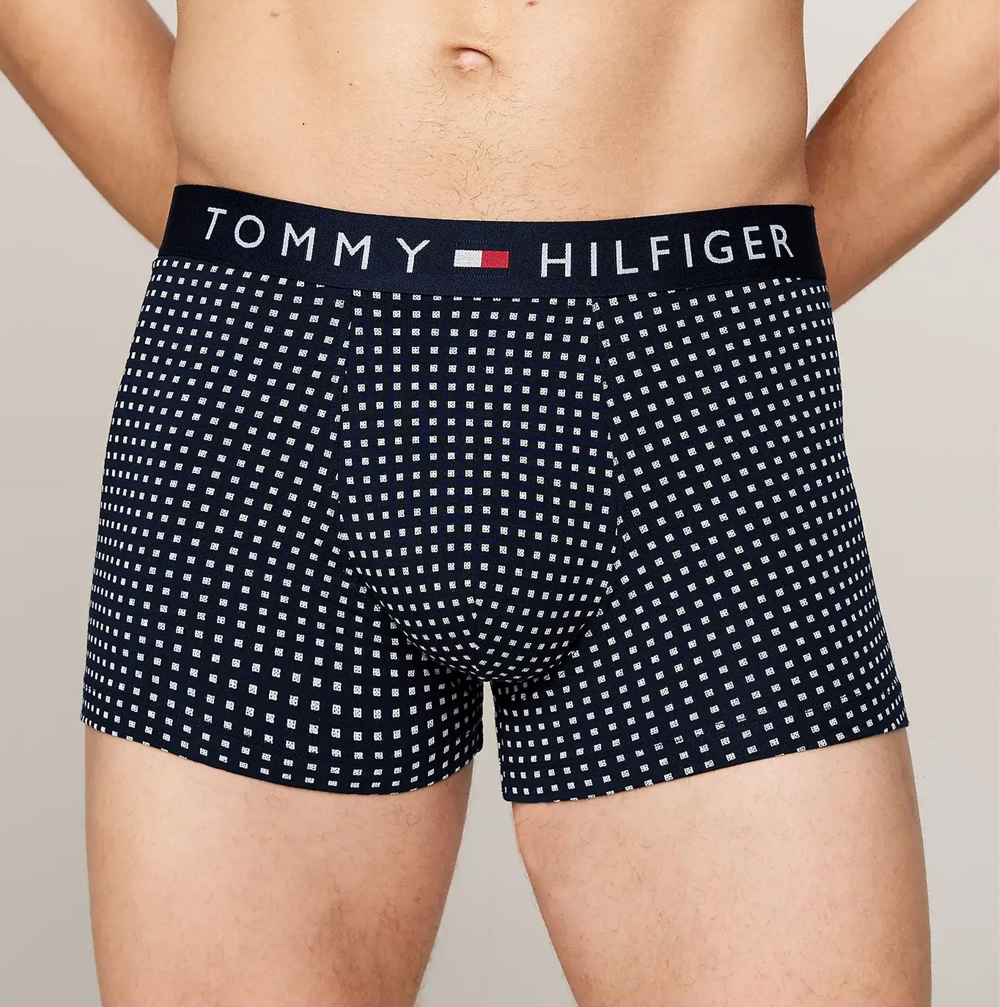 Tommy Hilfiger ORIGINAL Mens Trunk & Sock Gift Set Navy front view of printed trunks with TH logo elasticated waistband