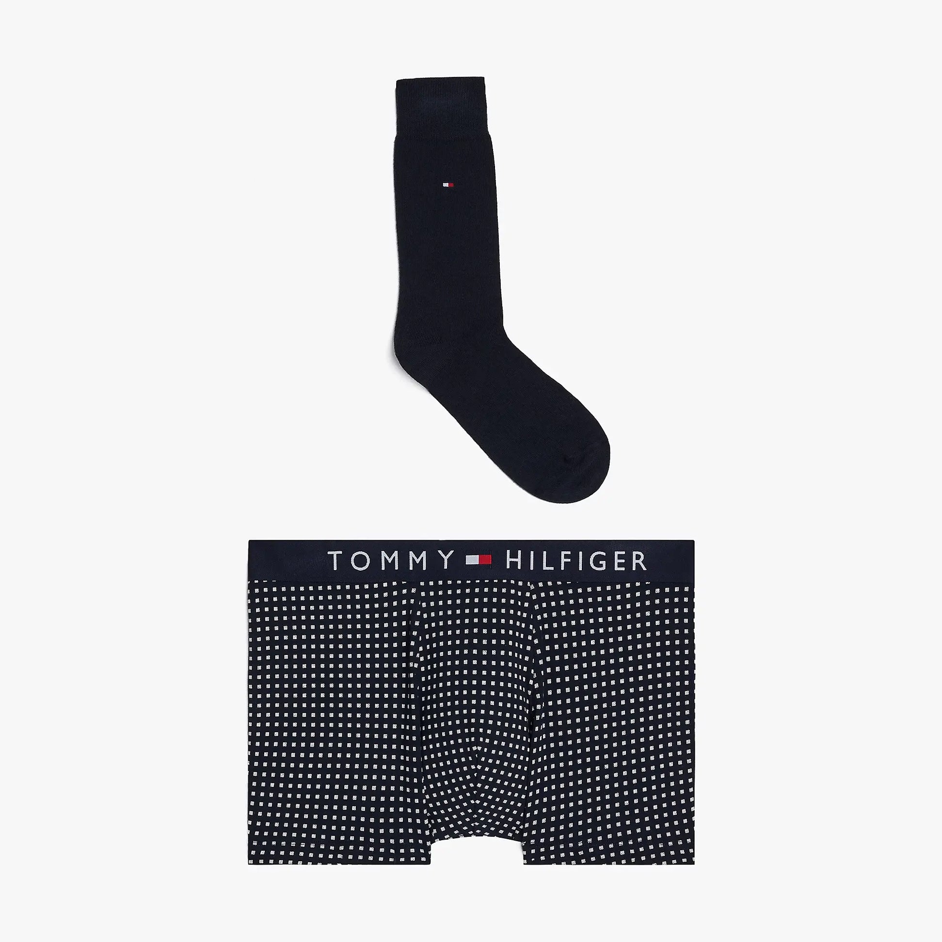Tommy Hilfiger ORIGINAL Mens Trunk & Sock Gift Set Navy front view showing navy printed trunks and matching sock.