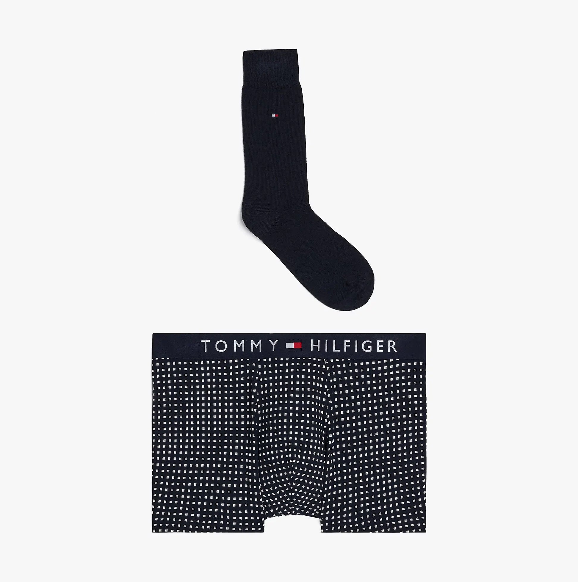 Tommy Hilfiger ORIGINAL Mens Trunk & Sock Gift Set Navy front view showing navy printed trunks and matching sock.