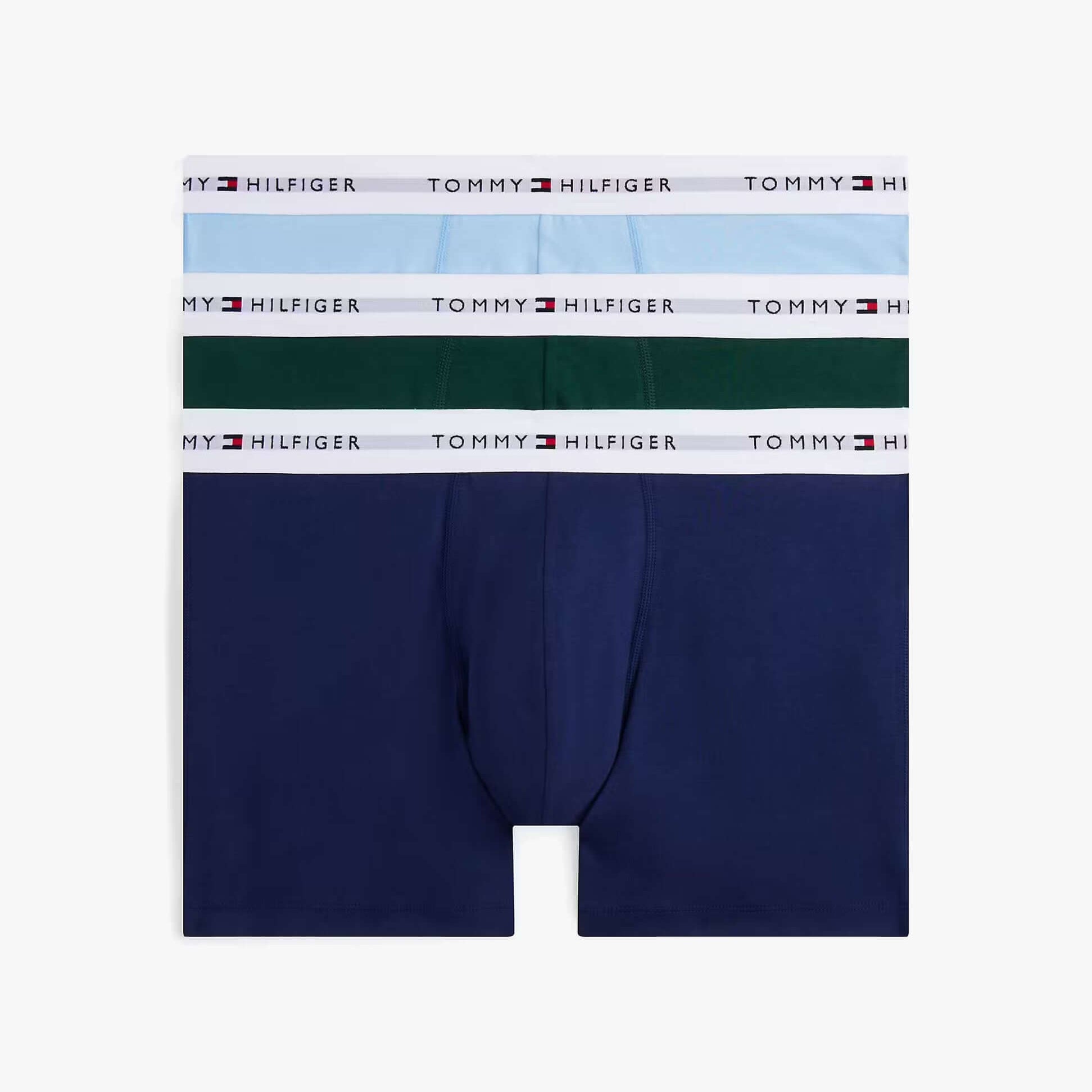 Tommy Hilfiger Mens 3 Pack Logo Waistband Boxer Briefs Multi front view showcasing blue, green, and navy boxers.
