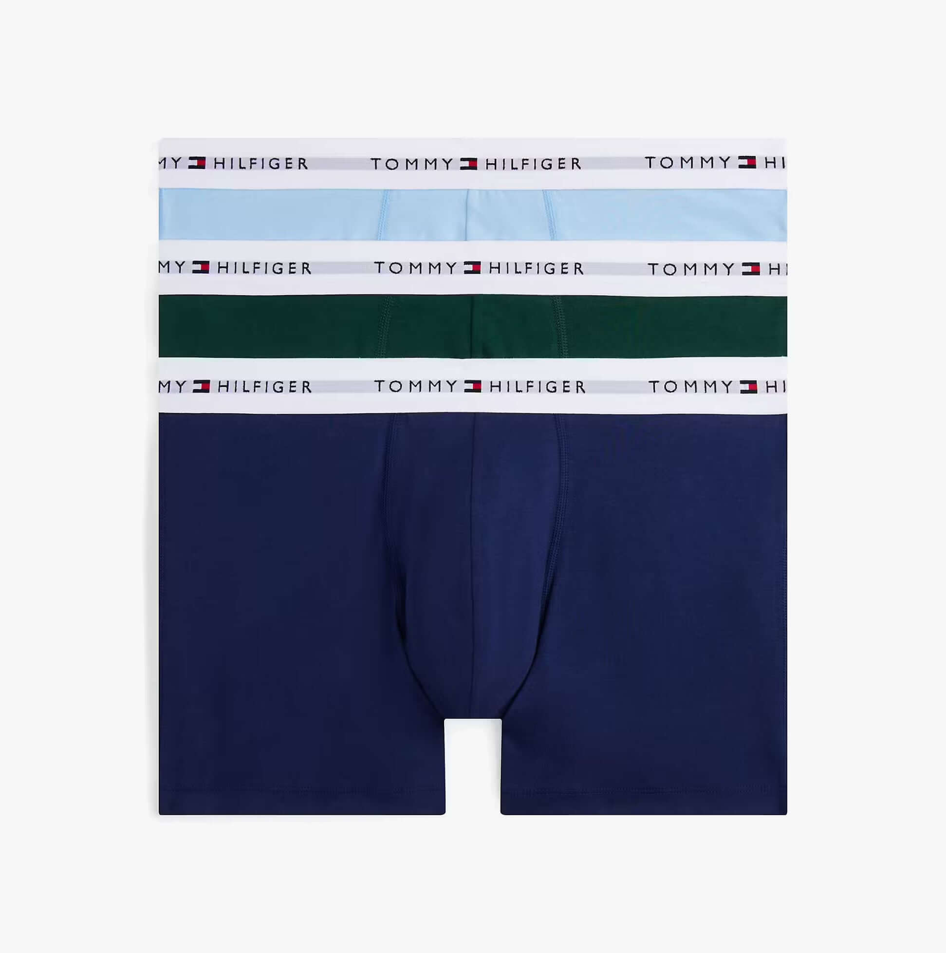Tommy Hilfiger Mens 3 Pack Logo Waistband Boxer Briefs Multi front view showcasing blue, green, and navy boxers.