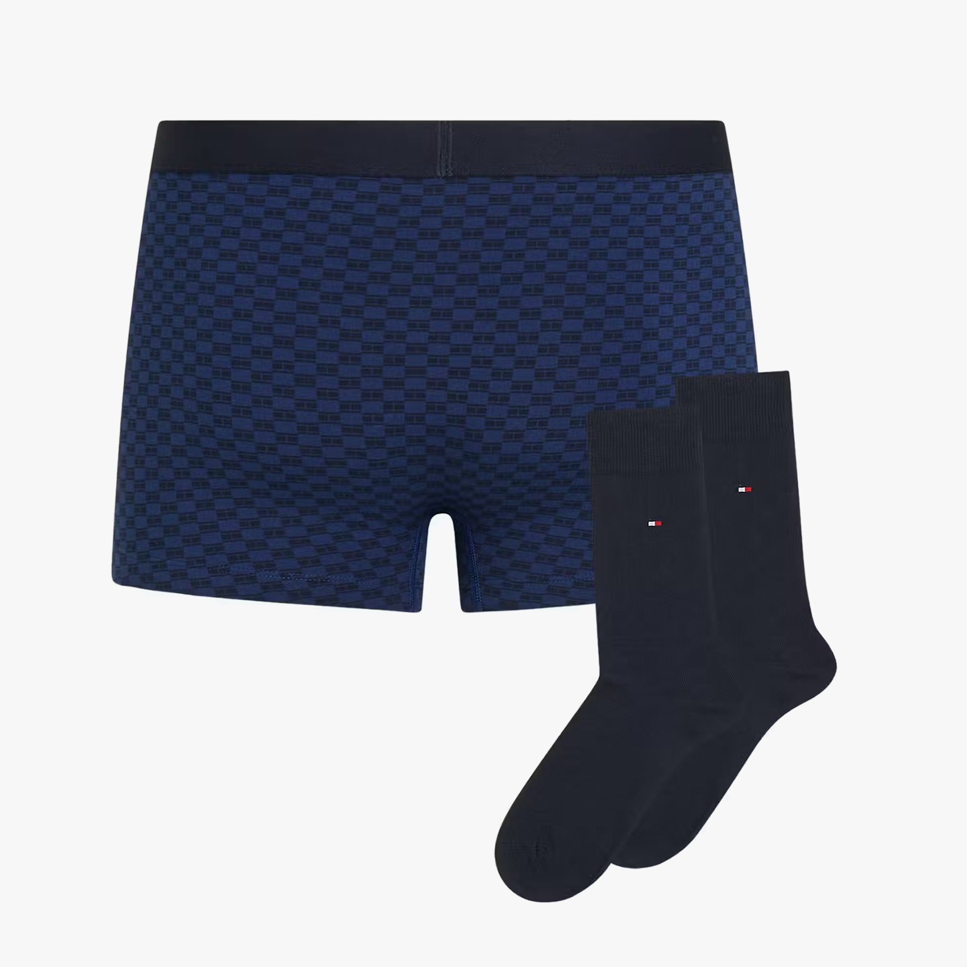 Tommy Hilfiger TRUNK PRINT & SOCK SET GOLD Mens Multicoloured front view featuring navy checkered trunks and matching socks.