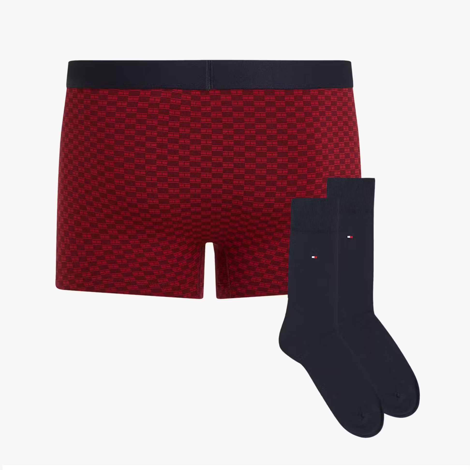 Tommy Hilfiger TRUNK PRINT & SOCK SET GOLD Mens Multicoloured side view showing red trunk and navy socks.