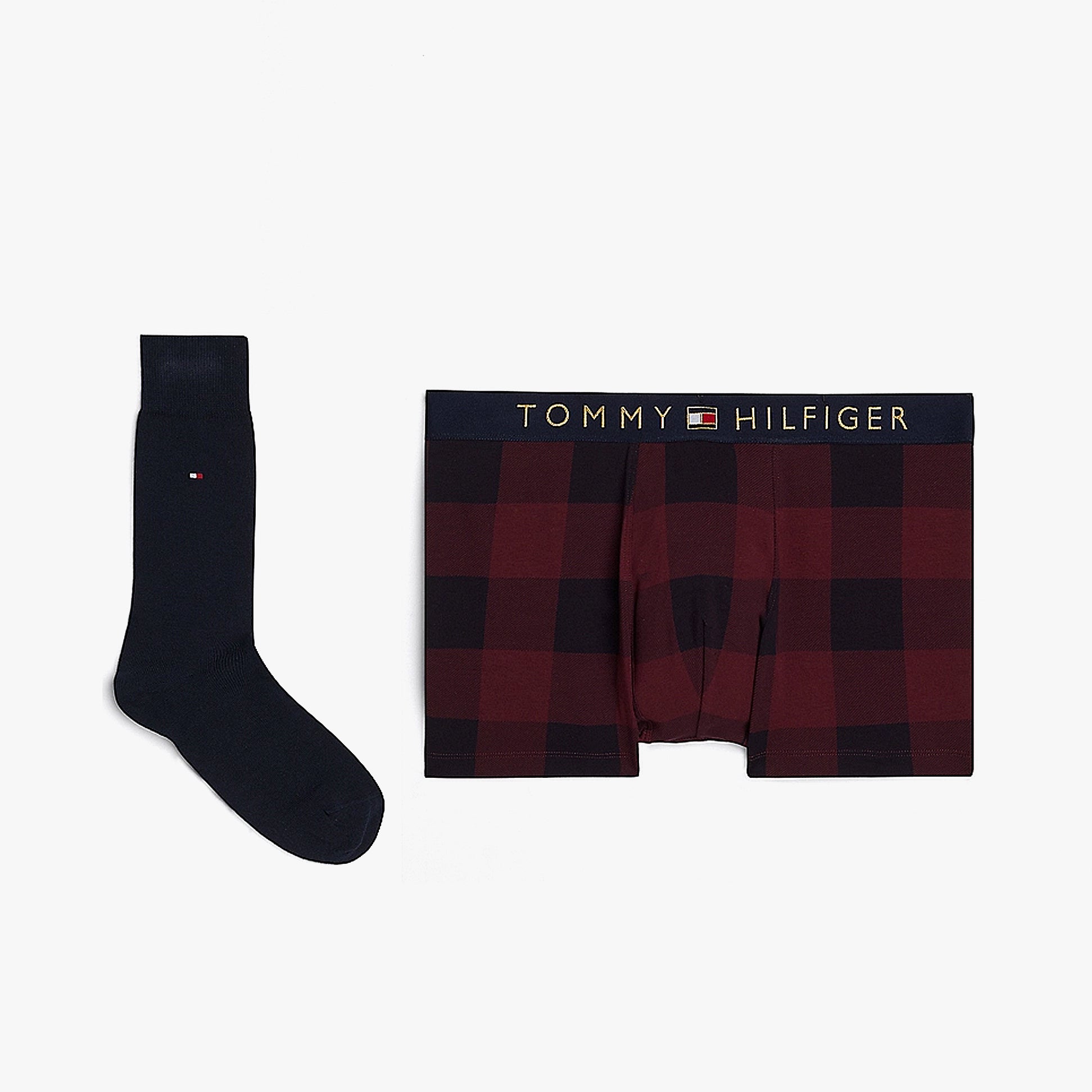 Tommy Hilfiger ORIGINAL Mens Trunk & Sock Gift Set Buffalo Check front view showing printed trunks and coordinating socks.