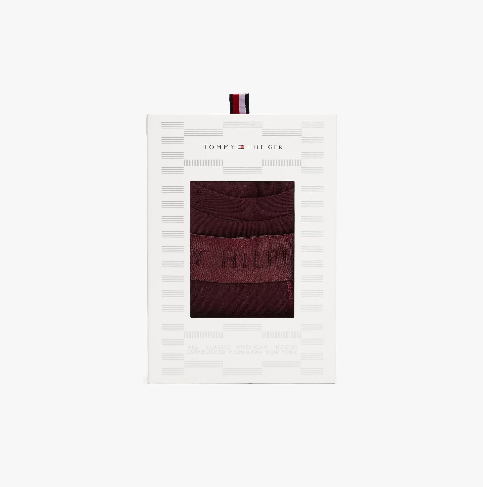 Tommy Hilfiger EVERYDAY LUXE Mens Trunk & Tee Deep Burg/Deep Burg gift boxed front view with logo detailing and deep burgundy color.