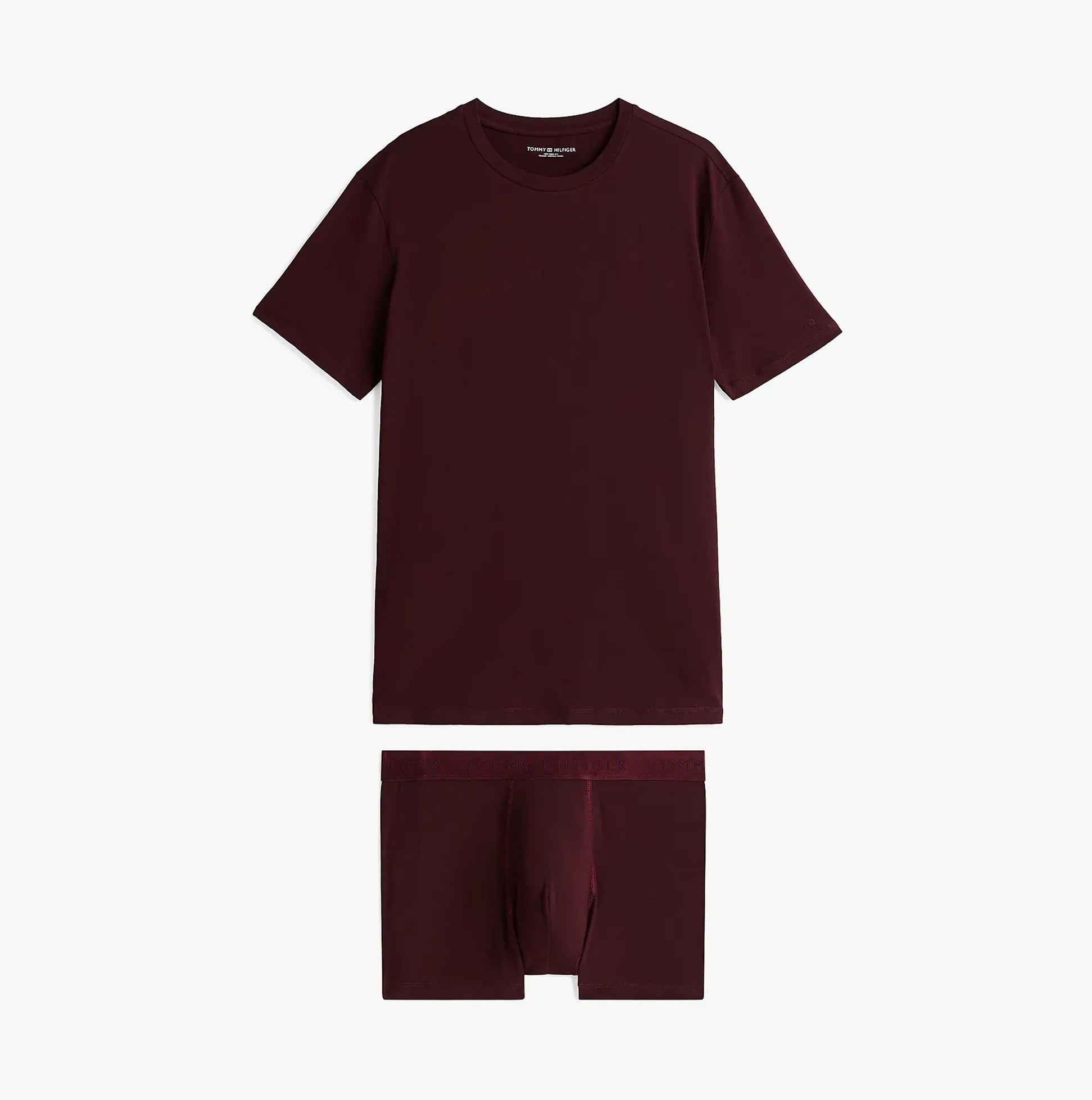 Tommy Hilfiger EVERYDAY LUXE Mens Trunk & Tee Deep Burg/Deep Burg front view showing the tee and trunk in deep burgundy.