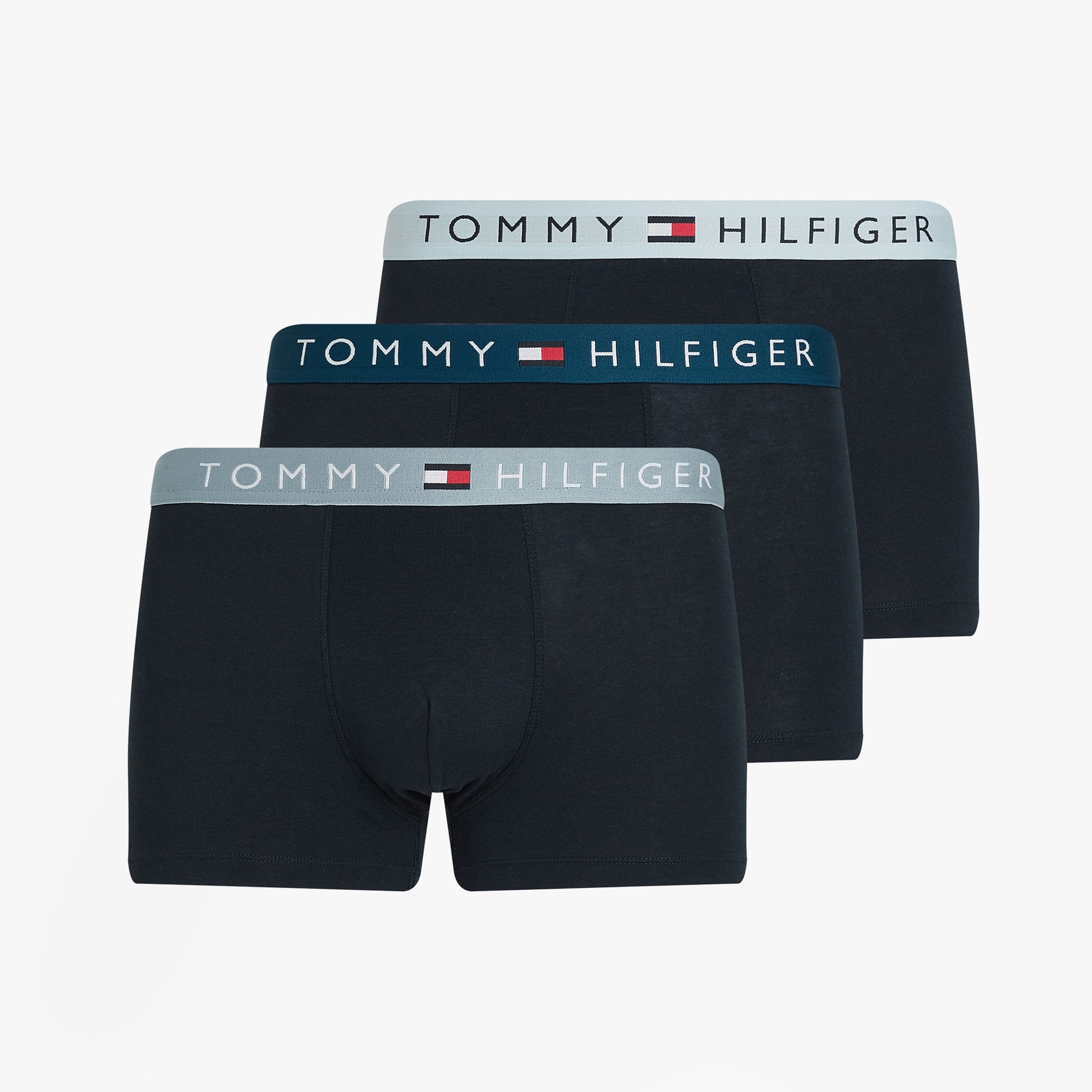 Tommy Hilfiger ORIGINAL WAISTBAND 3 Pack Mens Trunks Navy front view showing elasticated waistbands with logo.