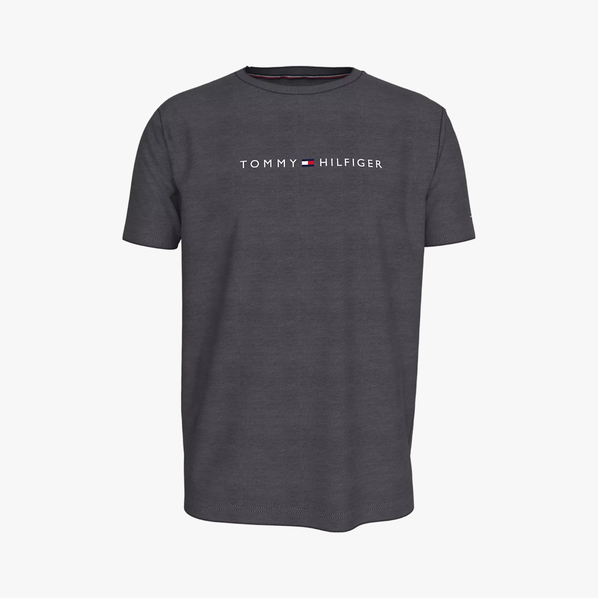 Tommy Hilfiger ORIGINAL LOGO Mens T Shirt Dark Ash front view showing crew neck and embroidered flag detail.