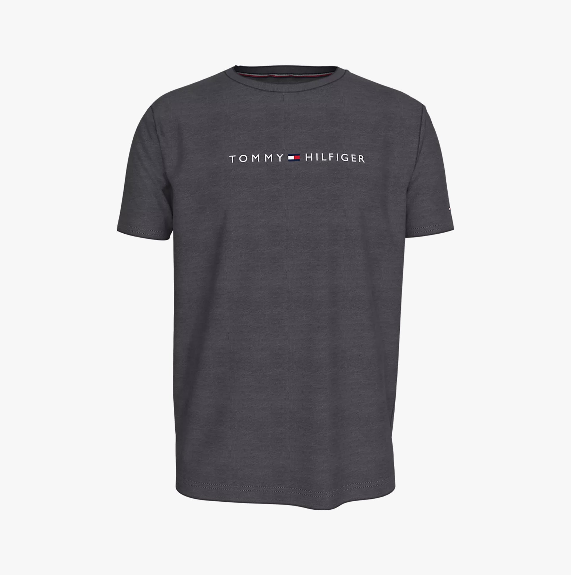 Tommy Hilfiger ORIGINAL LOGO Mens T Shirt Dark Ash front view showing crew neck and embroidered flag detail.