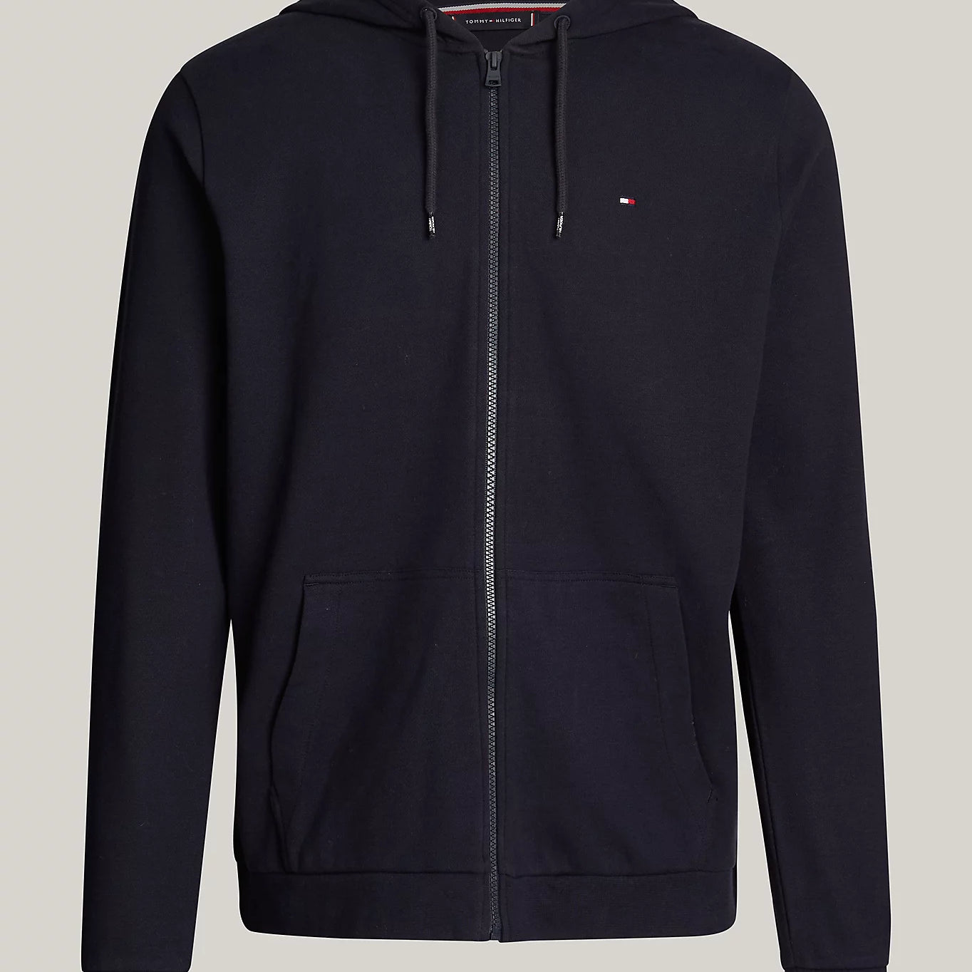 Tommy Hilfiger ORIGINAL LOGO Mens Full Zip Hoodie Desert Sky front view with drawstring hood and split kangaroo pocket.