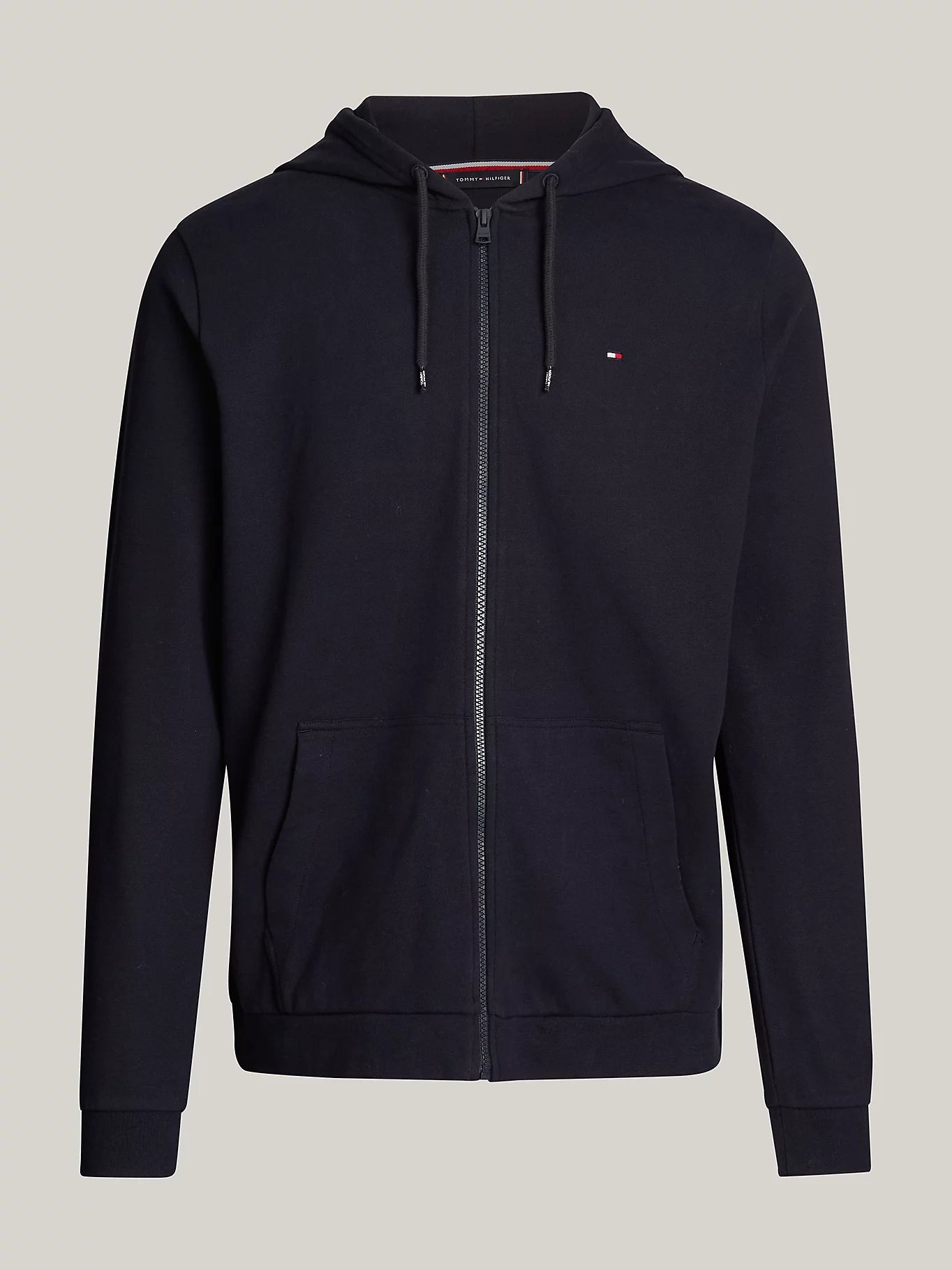 Tommy Hilfiger ORIGINAL LOGO Mens Full Zip Hoodie Desert Sky front view with drawstring hood and split kangaroo pocket.