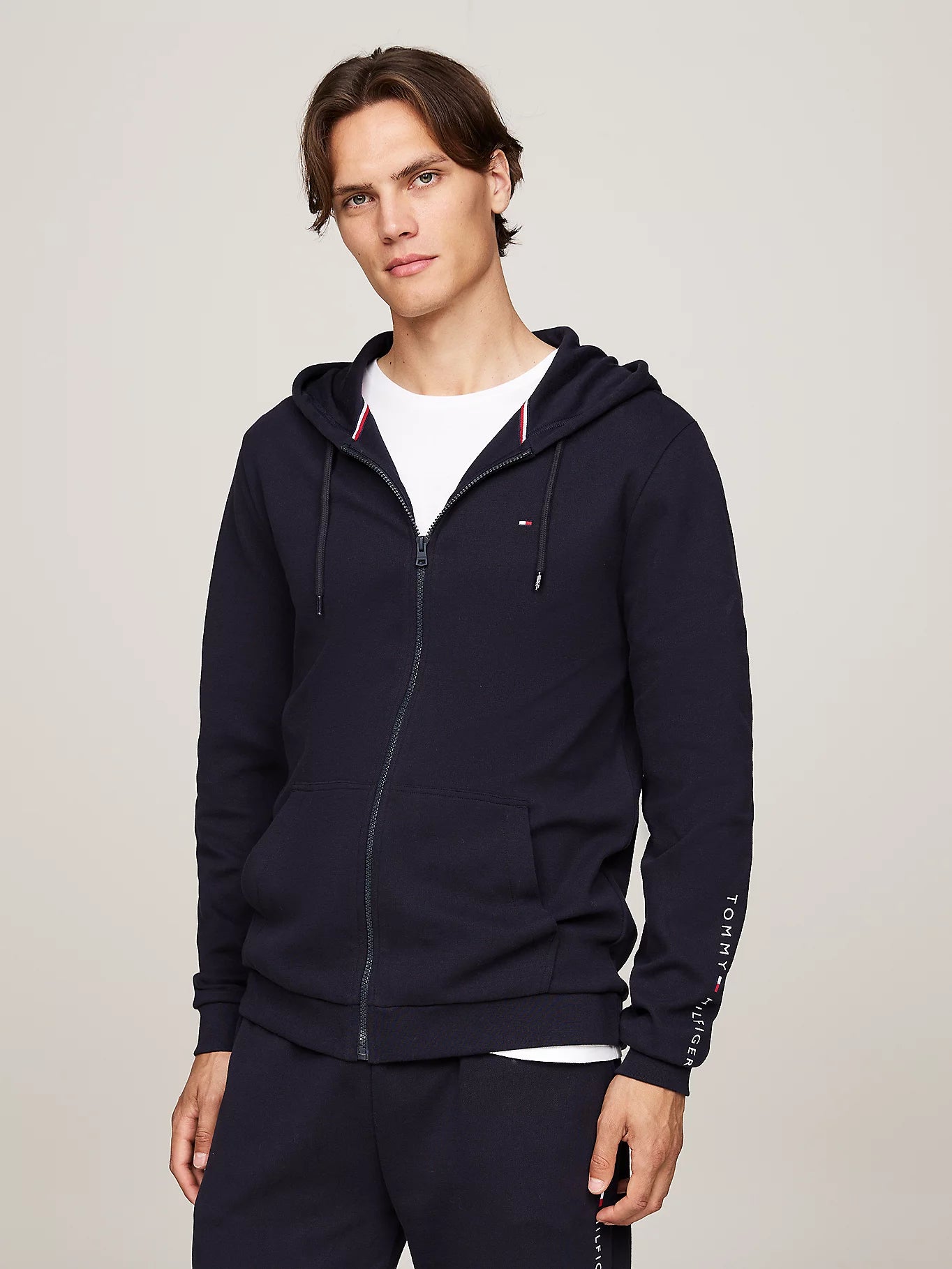 Tommy Hilfiger ORIGINAL LOGO Mens Full Zip Hoodie Desert Sky front view on model, showcasing hoodie details and fit.