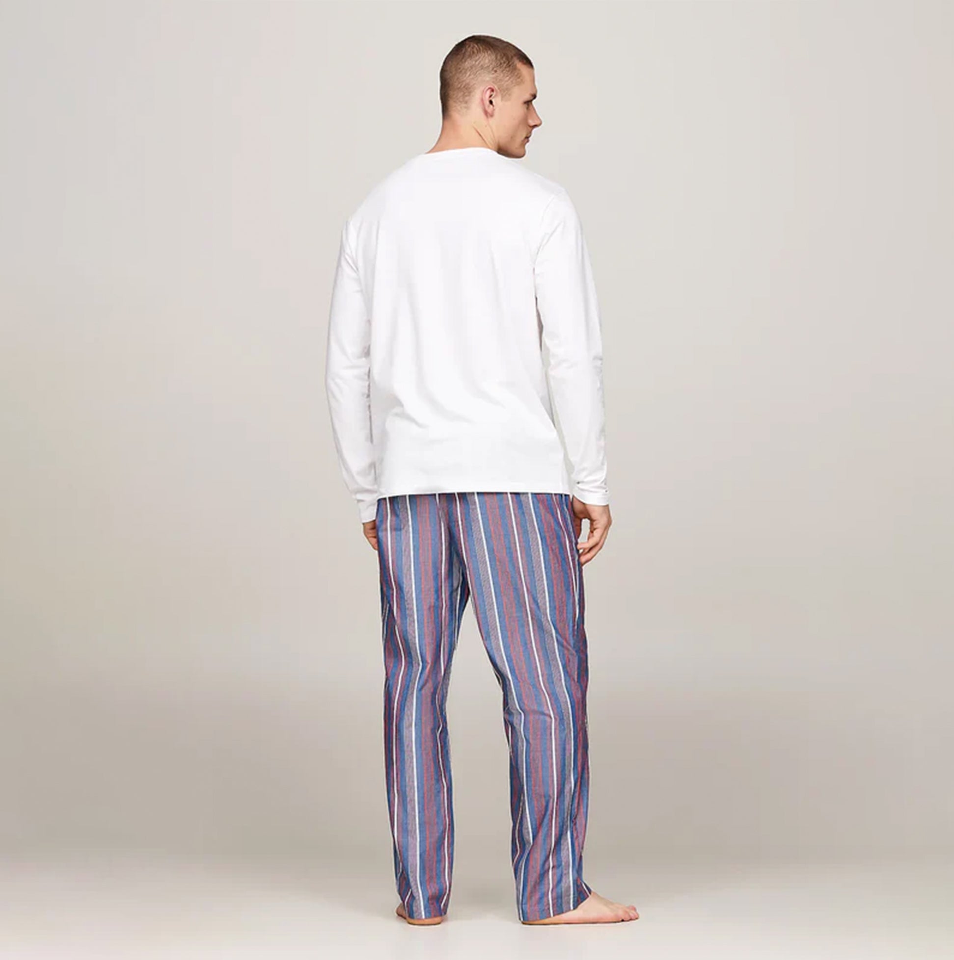Tommy Hilfiger MONOTYPE Mens Pyjama Set White/Monotype Stripes Indigo back view showcasing comfort and style.