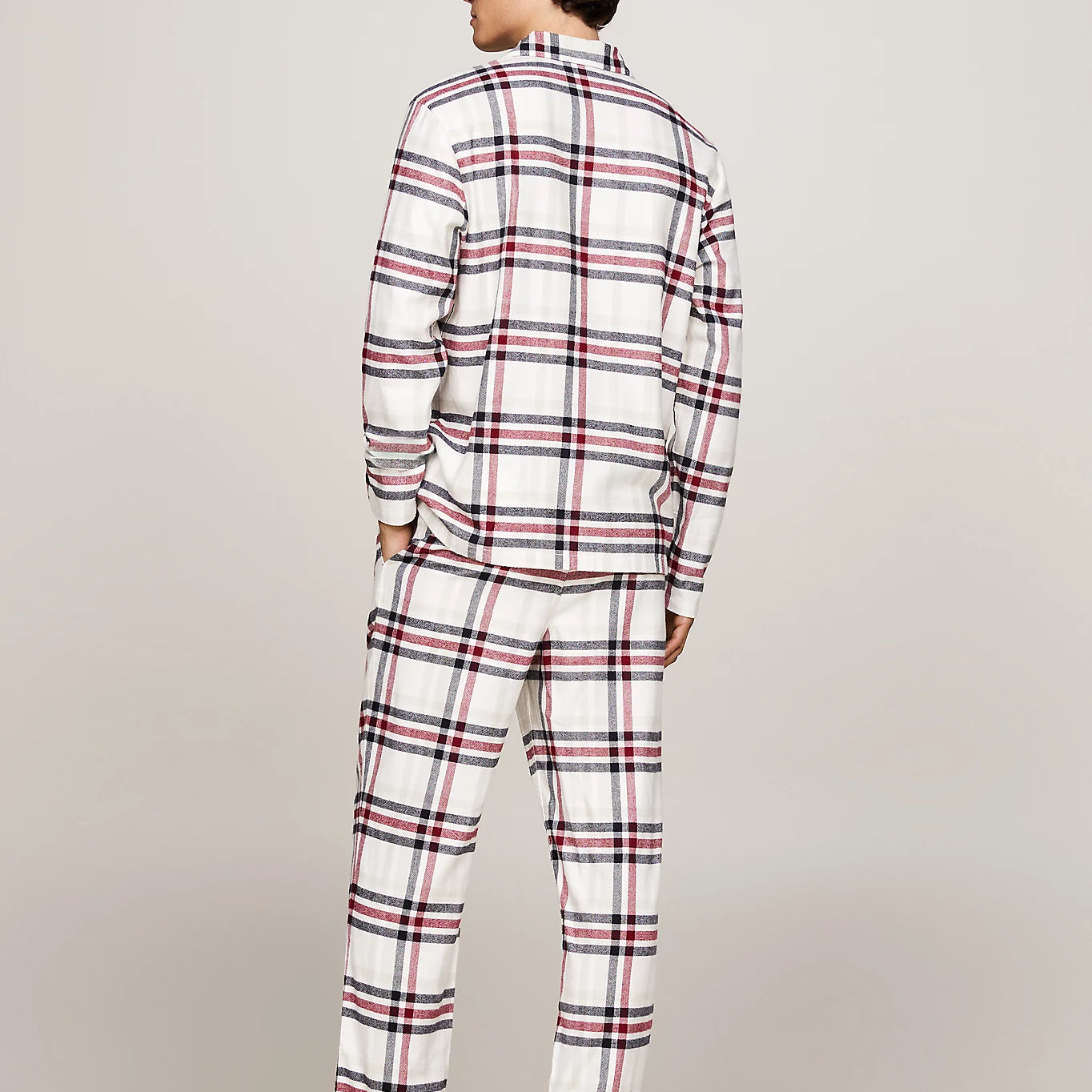 Tommy Hilfiger ORIGINAL Mens Pyjama Set Heritage Plaid Ivory back view showing plaid design and comfortable fit.