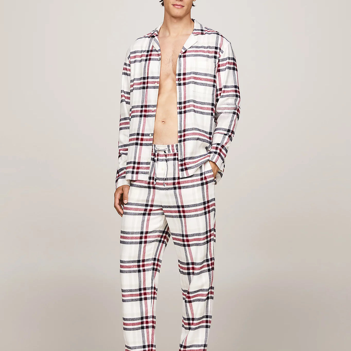 Tommy Hilfiger ORIGINAL Mens Pyjama Set Heritage Plaid Ivory front view, showing plaid design and drawstring waist.