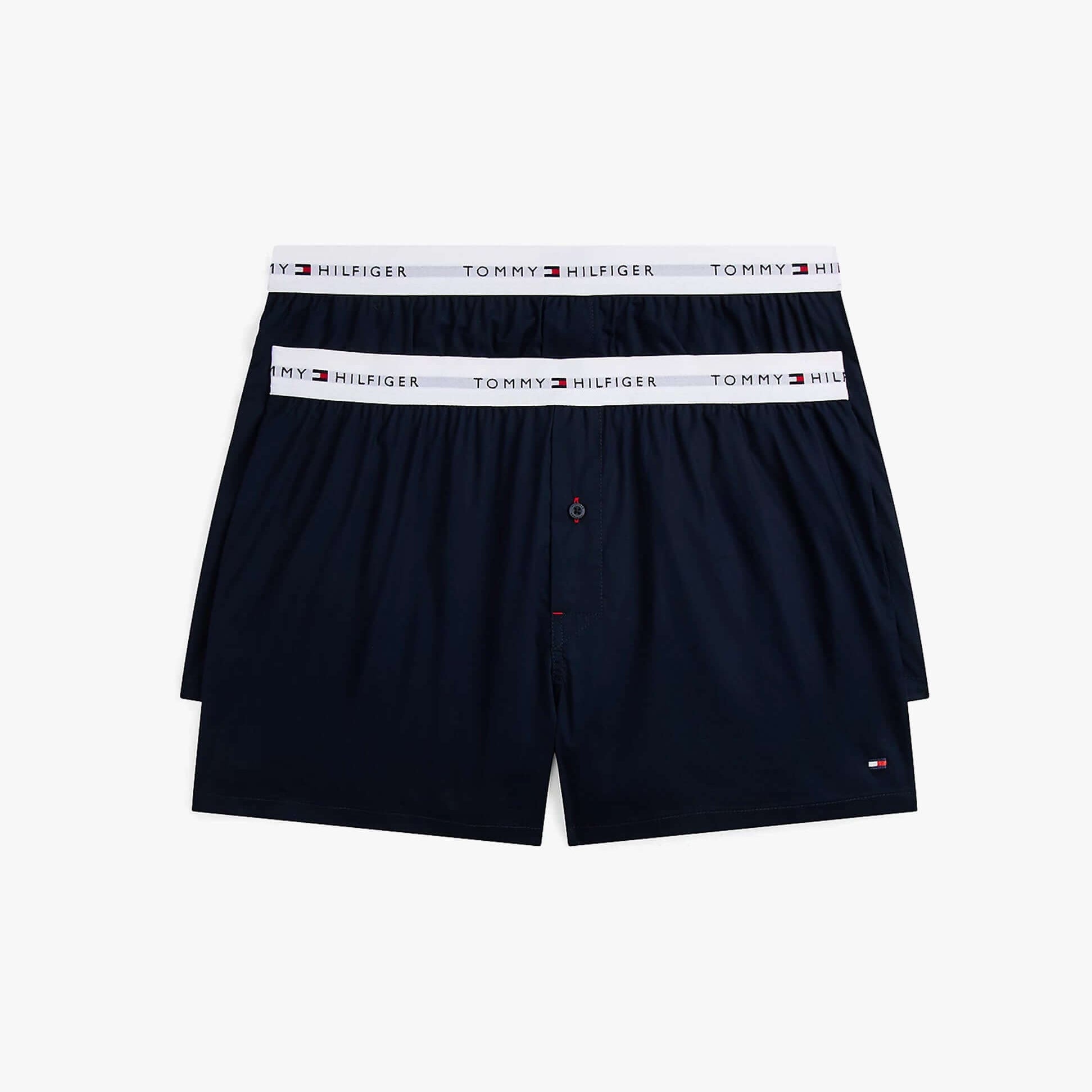 Tommy Hilfiger Mens 2 Pack Signature Logo Woven Boxer Shorts Navy, front view showing two pairs stacked.