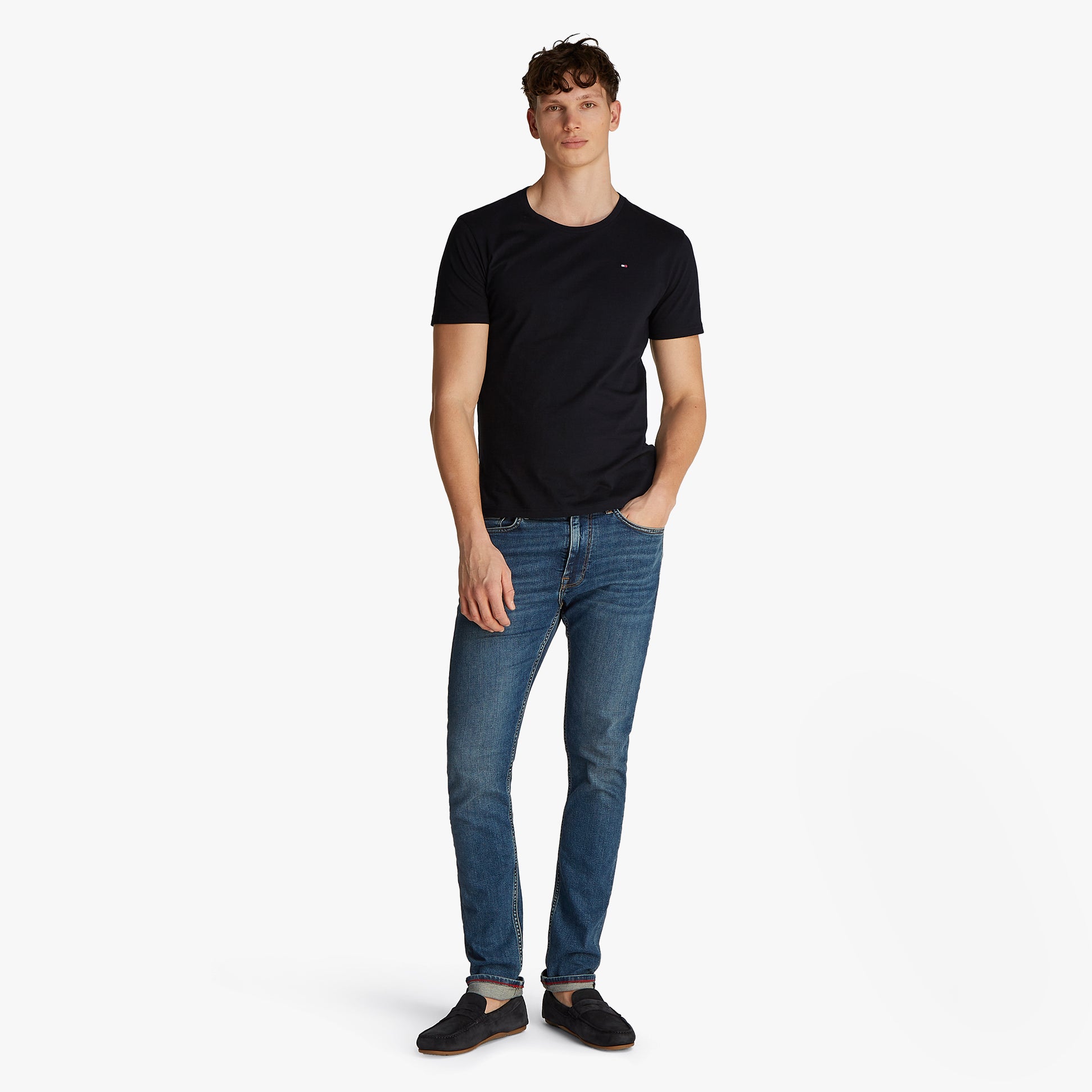 Tommy Hilfiger PURE COTTON Mens 3 Pack T-Shirts Black front view model wearing with blue jeans.