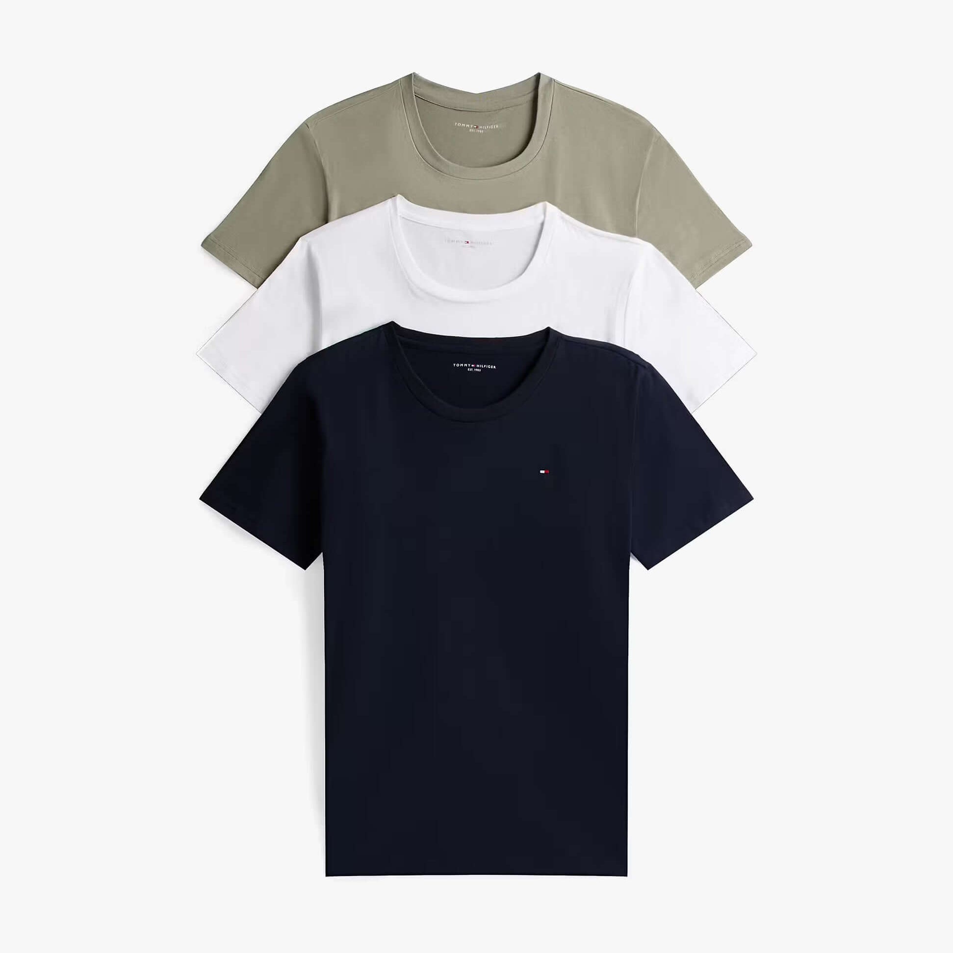 Tommy Hilfiger 3P SS TEE Mens T-Shirts & Tank Tops Multicoloured front view of three t-shirts in navy, white, and olive colors.
