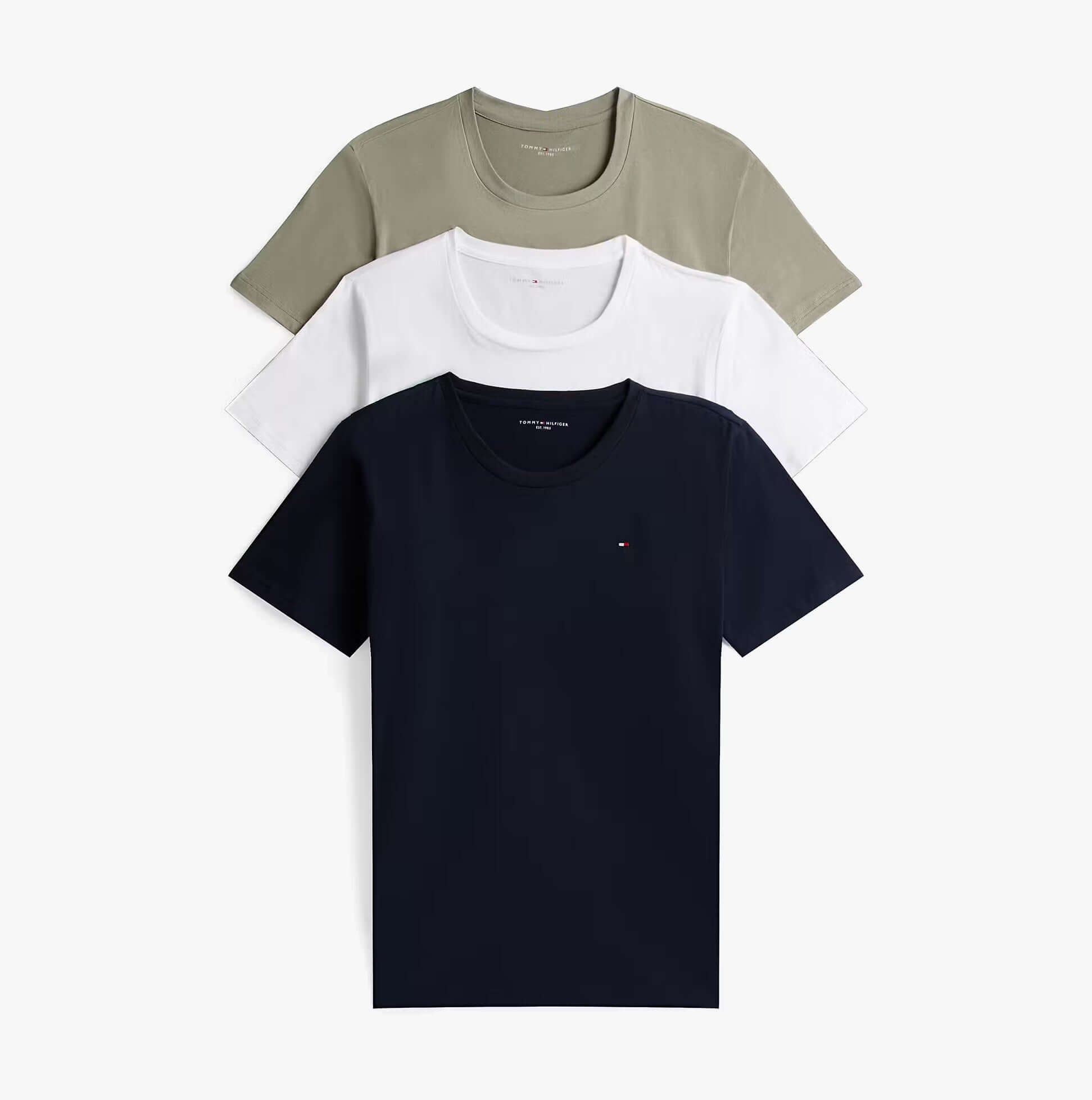 Tommy Hilfiger 3P SS TEE Mens T-Shirts & Tank Tops Multicoloured front view of three t-shirts in navy, white, and olive colors.