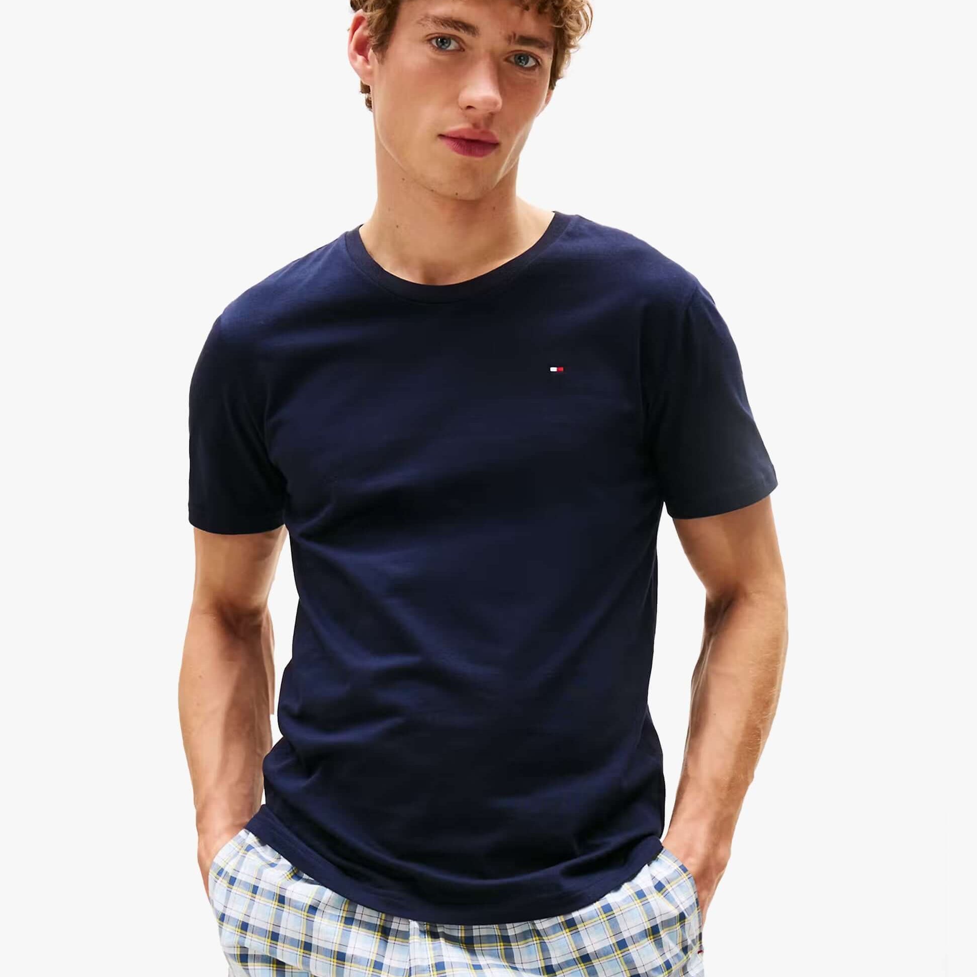Tommy Hilfiger 3P SS TEE Mens T-Shirts & Tank Tops Multicoloured front view, navy blue short sleeve t-shirt on model.