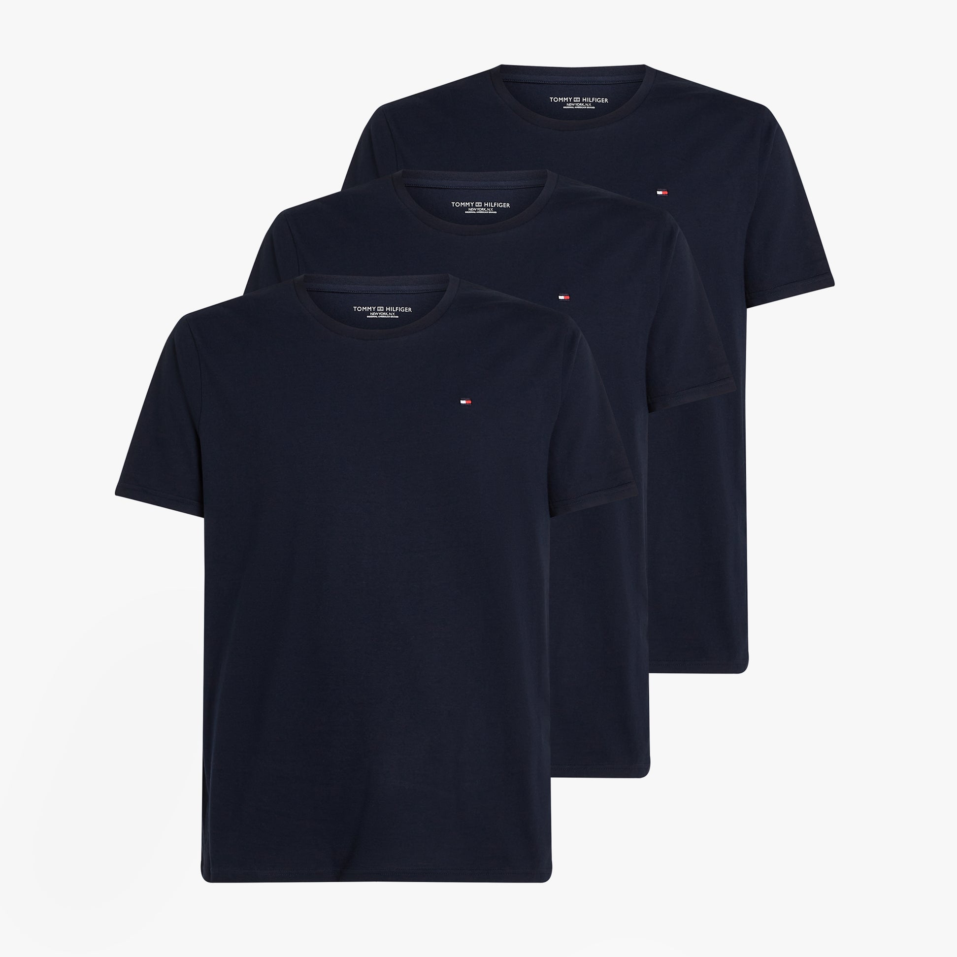 Tommy Hilfiger PURE COTTON 3 Pack Mens T-Shirts Desert Sky front view showing three navy blue t-shirts neatly arranged.