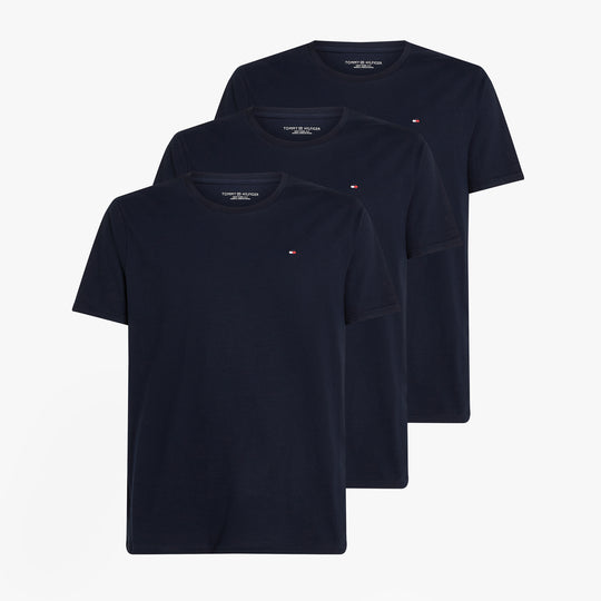 Tommy Hilfiger PURE COTTON 3 Pack Mens T-Shirts Desert Sky front view showing three navy blue t-shirts neatly arranged.